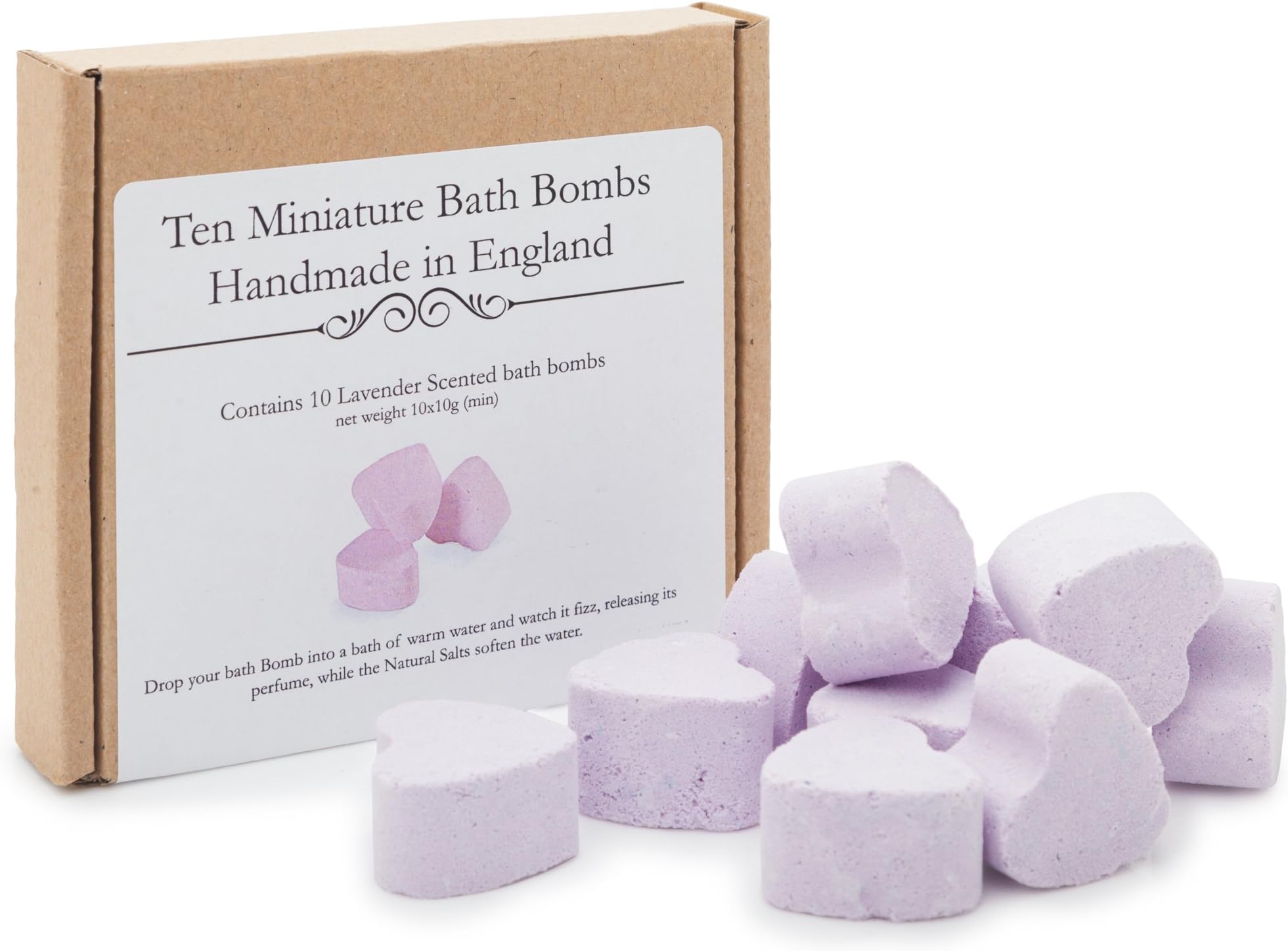 Bath Bomb Gift Set - Bath Fizzers, 10 mini heart shaped handmade Lavender Scented bath bombs in a gift box.
