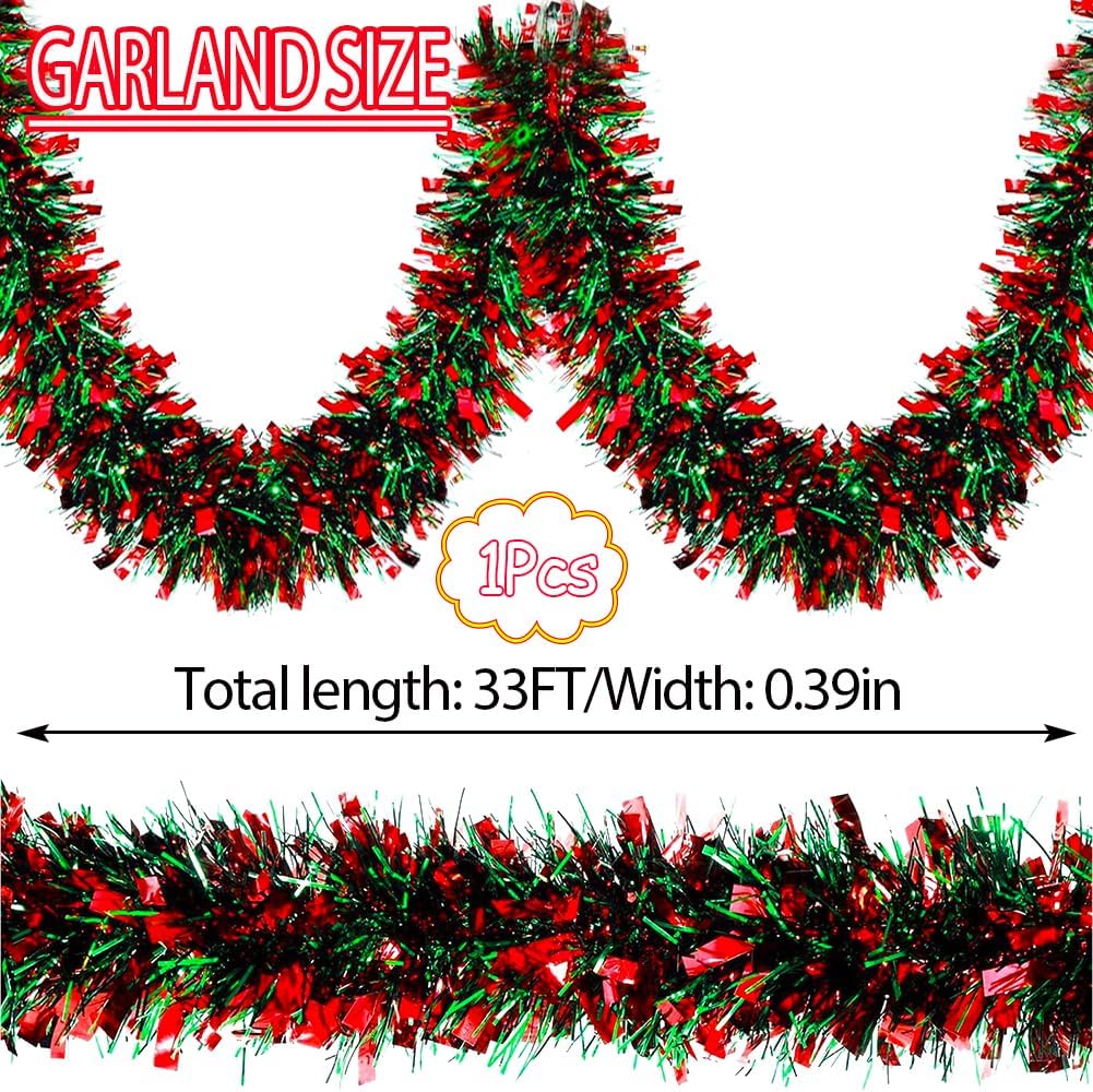 33 Ft Christmas Tinsel Garland Shiny Thick Red and Green Tinsel Decor Xmas Tree Decorations Metallic Twist Foil Garland for Christmas Party Home Stairs Indoor Outdoor Supplies