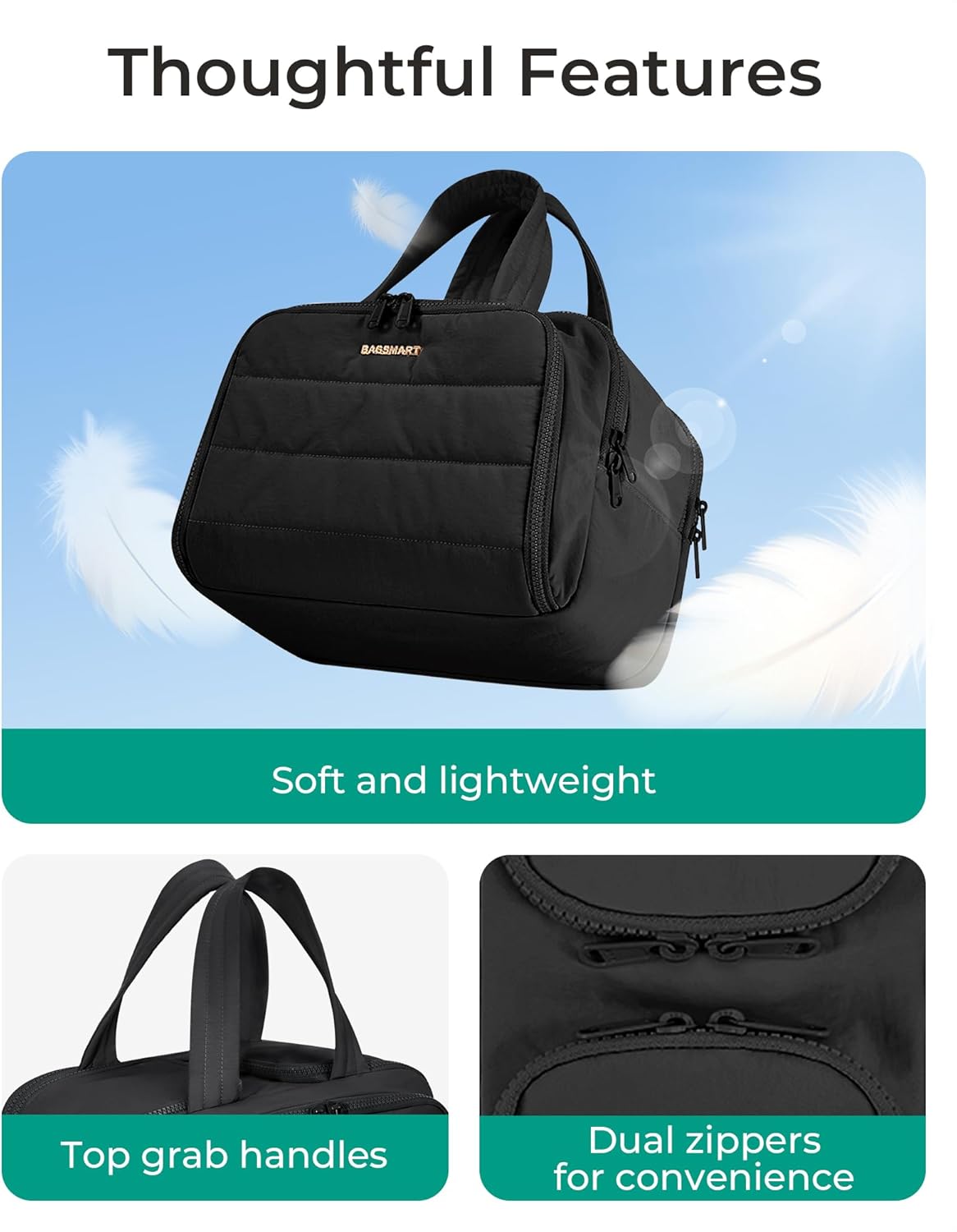 BAGSMART Travel Toiletry Bag, Lightweight Large Wide-open Travel Bag for Women, Puffy Cosmetic Makeup Bag Organizer with Handle for Accessories,Essentials, Toiletries, Black - Image 6