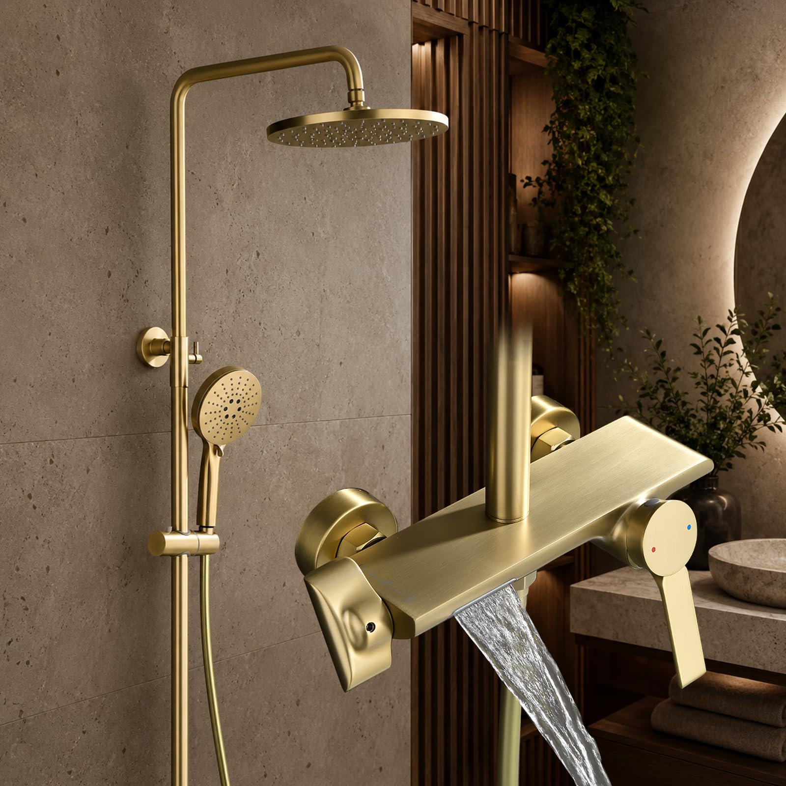 Regendusche mit Armatur Duschsystem Gold mit 3-Funktion Handbrause
