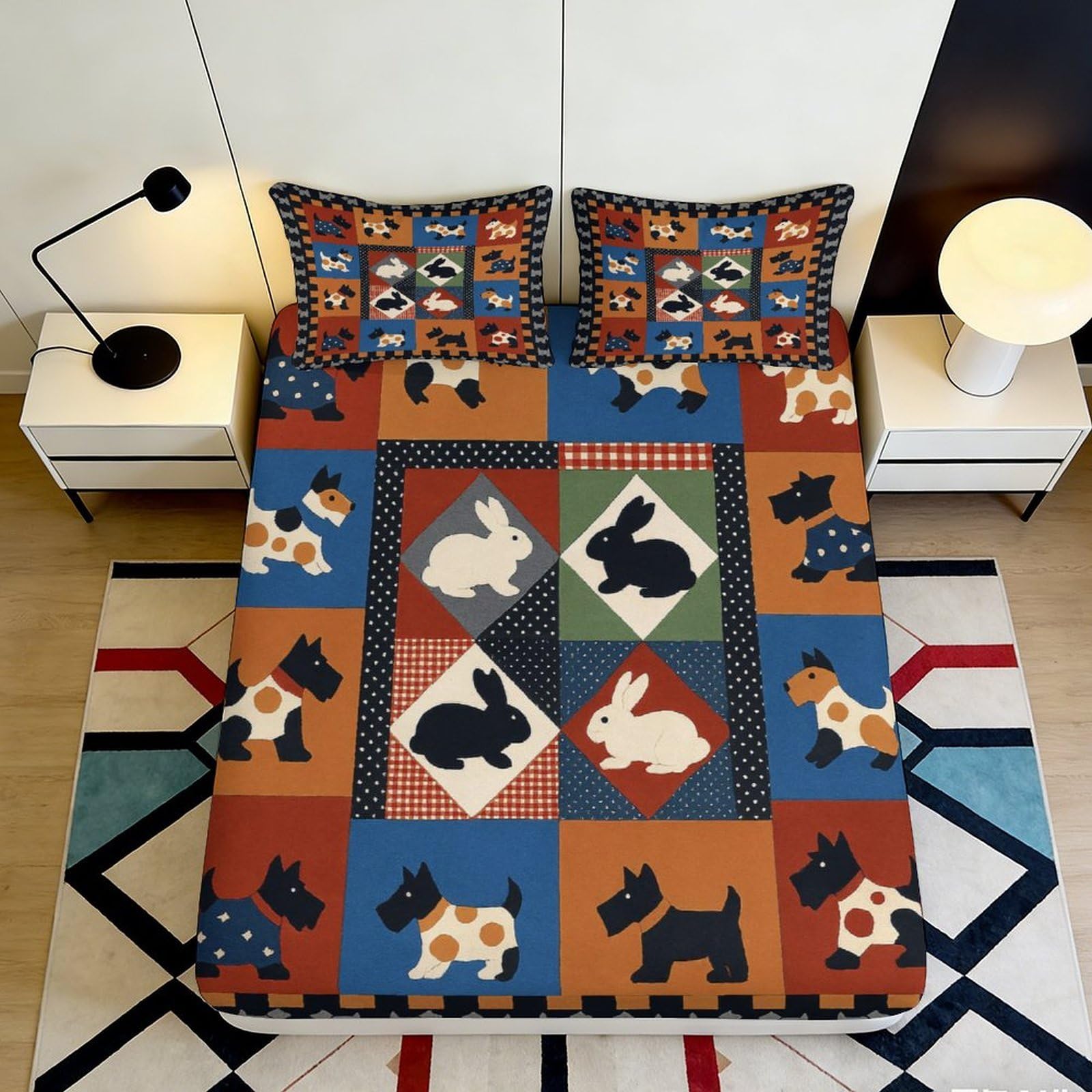 3D Printed Bunny Dog Patchwork Fitted Sheet Microfiber Soft Colourful Bed Sheet for Bedroom Guest Room Decor 90x200x25cm