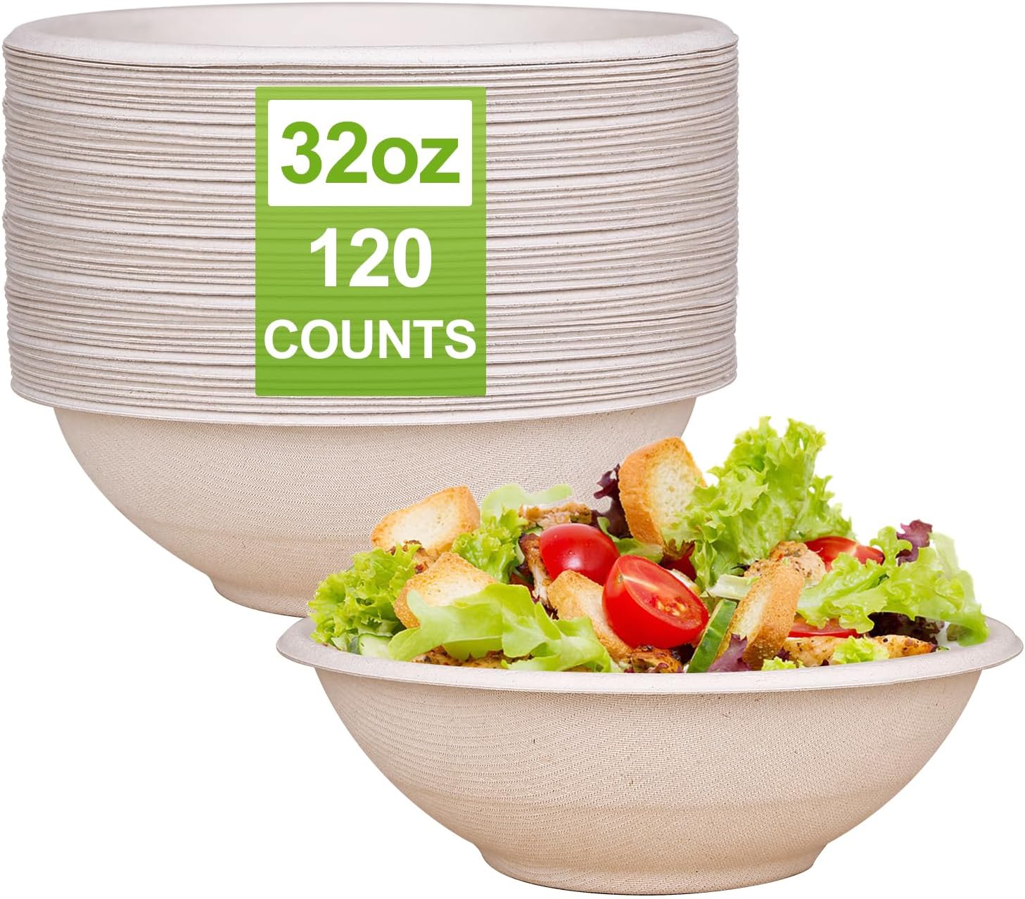 Large Paper Bowls, 32oz Compostable Bowls, Heavy Duty Disposable Bowls For Hot Soup, Salads,Cereals- Made from 100% Sugarcane Fiber