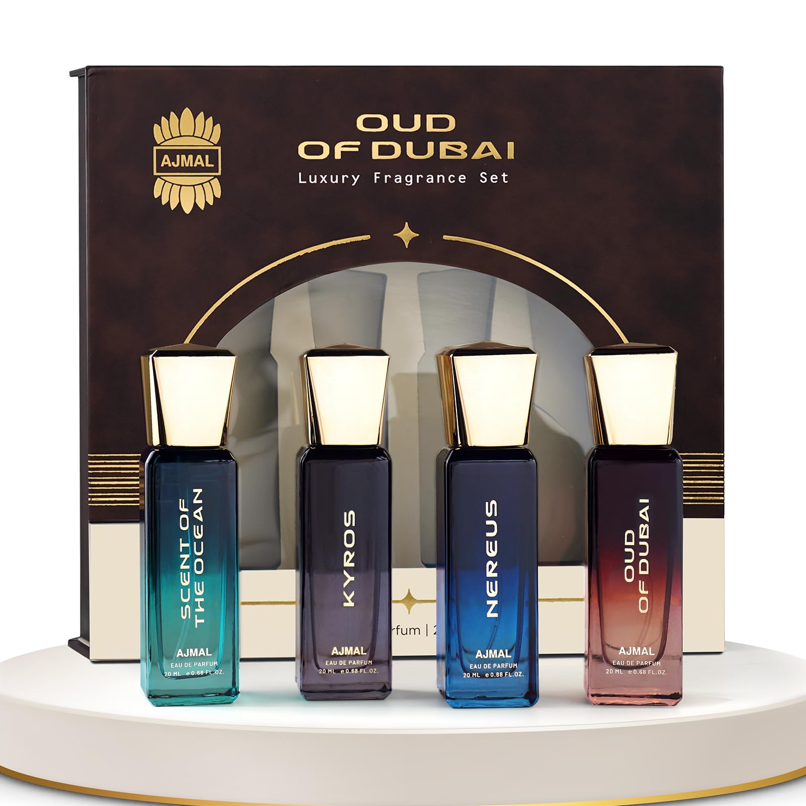 Ajmal Oud of Dubai Gift Set for Men & Women | Pack of 4 x 20ML | Unisex EDP Perfume Set | Kyros, Scent of The Ocean, Nereus, Oud of Dubai | Long-Lasting, Luxury Fragrances | Premium Gift Set for Him & Her