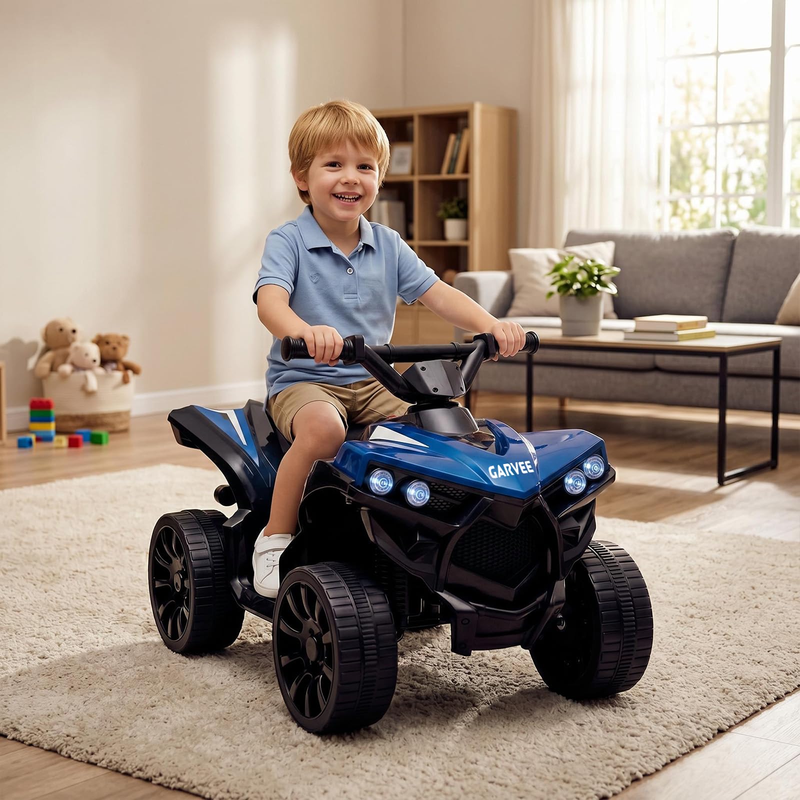 Robustes Elektro-Quad für Kinder ab 3 Jahren – 6V ATV Kinderfahrzeug mit LED-Lichtern, Musik, Hupe, 1,5–3 km/h, rutschfesten Rädern, sicheres Spielzeugauto – Blau