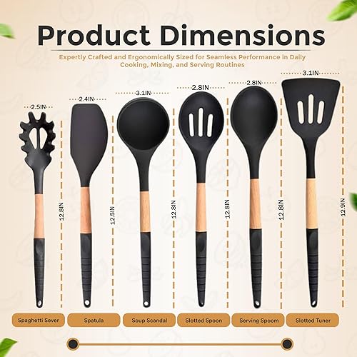 Miniatura 7 de Juego de utensilios de cocina, edición especial con mango de silicona, herramientas de cocina de silicona, 6 piezas, negro, 12.9 pulgadas de largo,