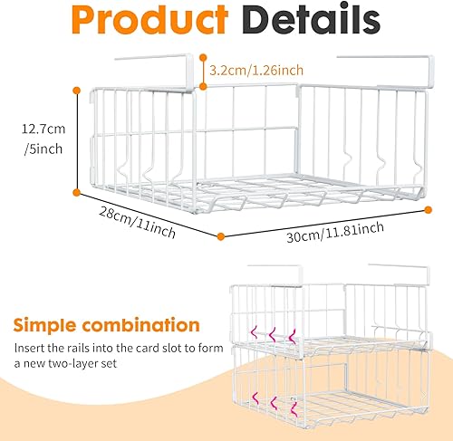 Miniatura 6 de Cestas de almacenamiento para debajo del estante, cesta plegable de alambre de metal, paquete de 2, color blanco