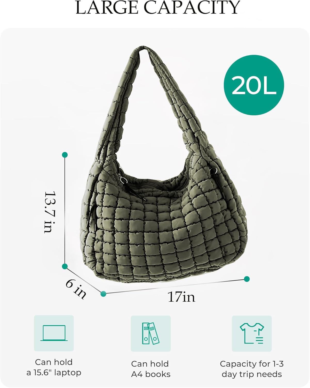 Puffer Tote Bag, Quilted Tote Bag Crossbody Bags for Travel, Gym, Work - Image 2