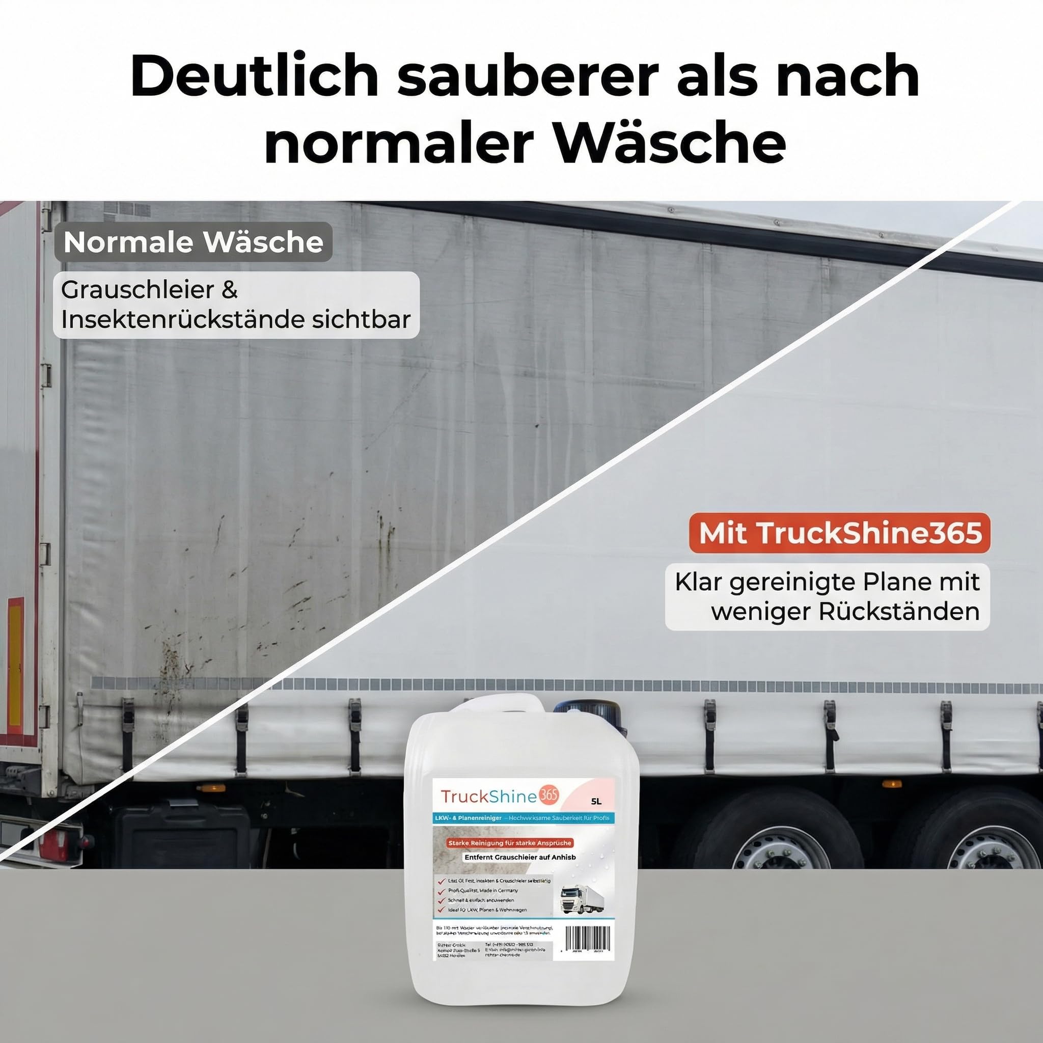 TruckShine365 LKW Reiniger & Planenreiniger Konzentrat, 5L Kanister | Alkalischer LKW Außenreiniger, Gegen Grauschleier, Öl, Fett & Insekten, Verdünnbar bis 1:10, Profi-Qualität