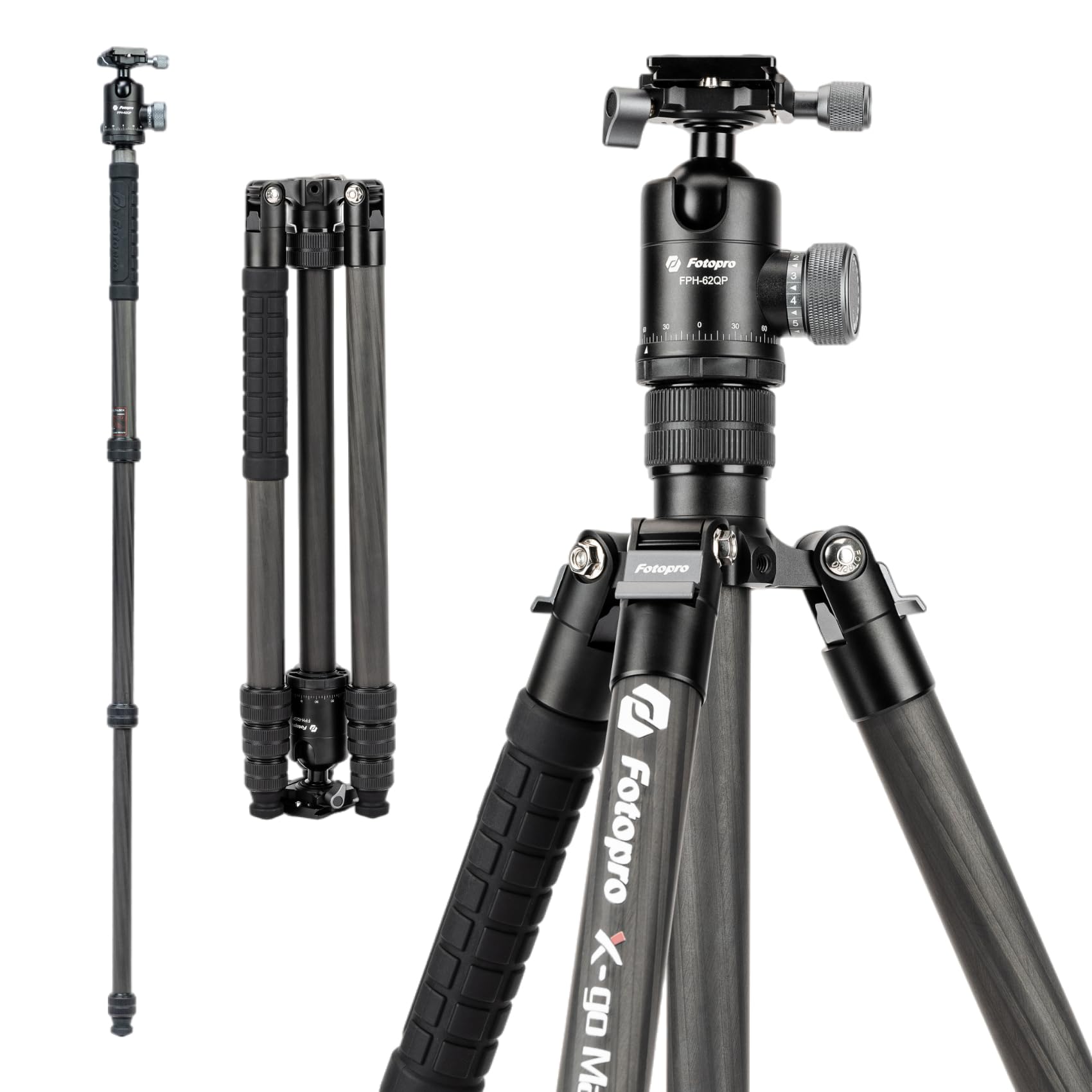 Fotopro Trépied en fibre de carbone de 172,7 cm pour appareil photo, trépied de voyage léger avec tête sphérique, monopode amovible avec plaque à dégagement rapide et sac, charge jusqu'à 12 kg