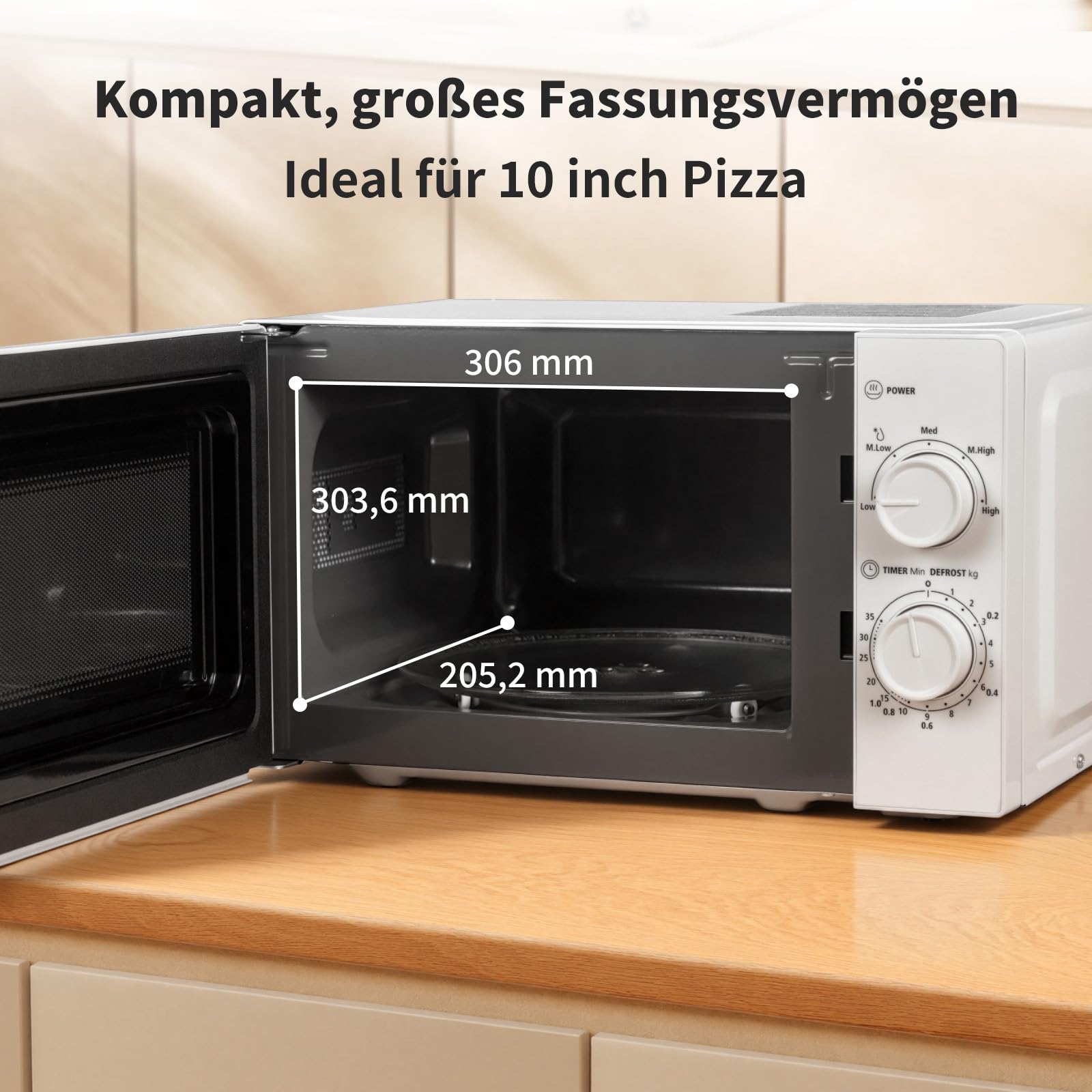 Smad Solo-Mikrowelle 20L, 700W, Mikrowelle Klein, 5 Leistungsstufen, Auftaufunktion nach Zeit/Gewicht, 35-Minuten-Timer, Drehteller 255mm, Weiß