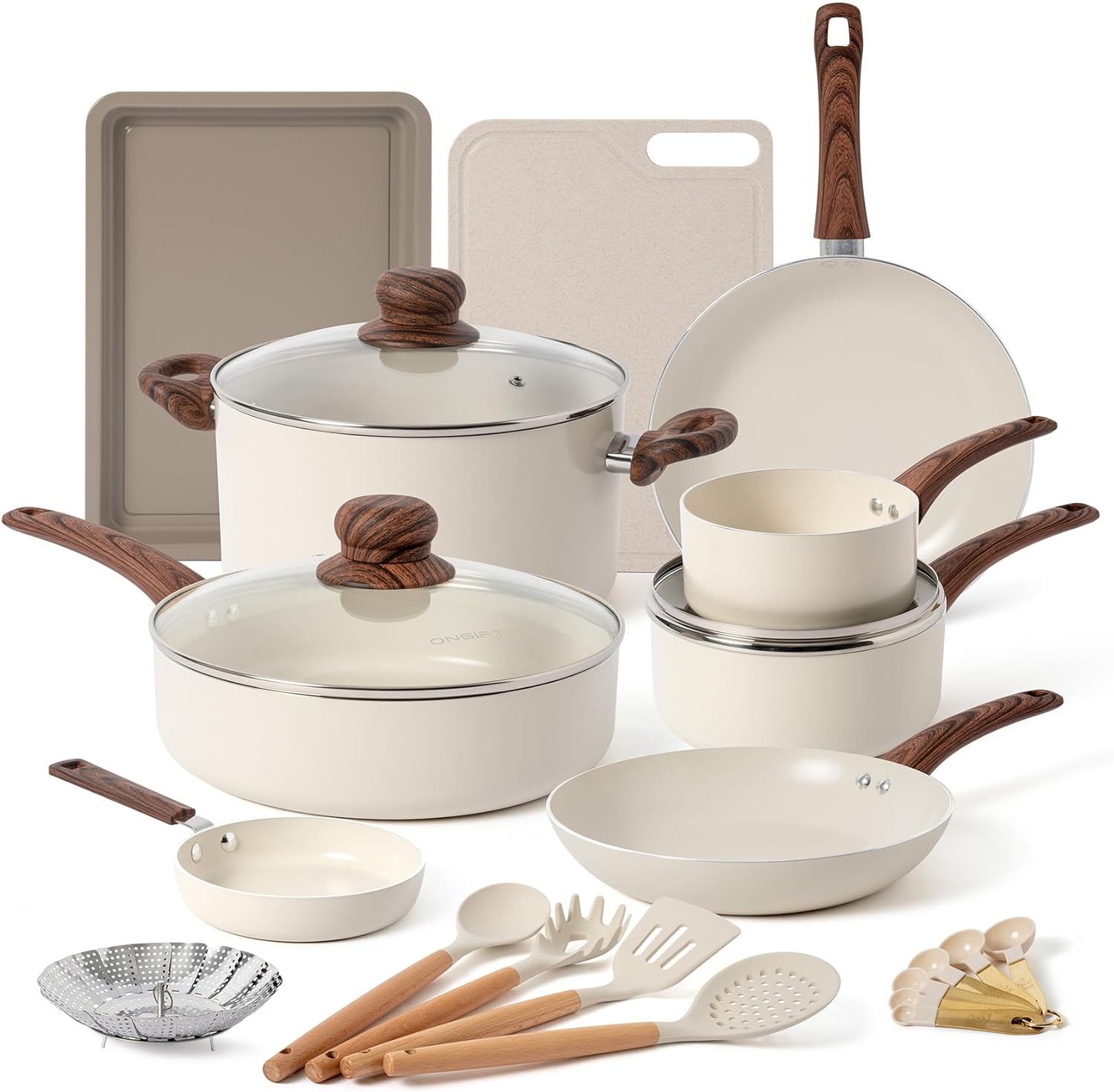 23 Pcs Pots and Pans Set Nonstick, Kitchen Cookware Sets, with Frying Pan, Saucepan, Saute Pan, Lightweight Cooking Set with Stay-Cool Wood Print Handles, NO PFAS and PFOA, Light Wood