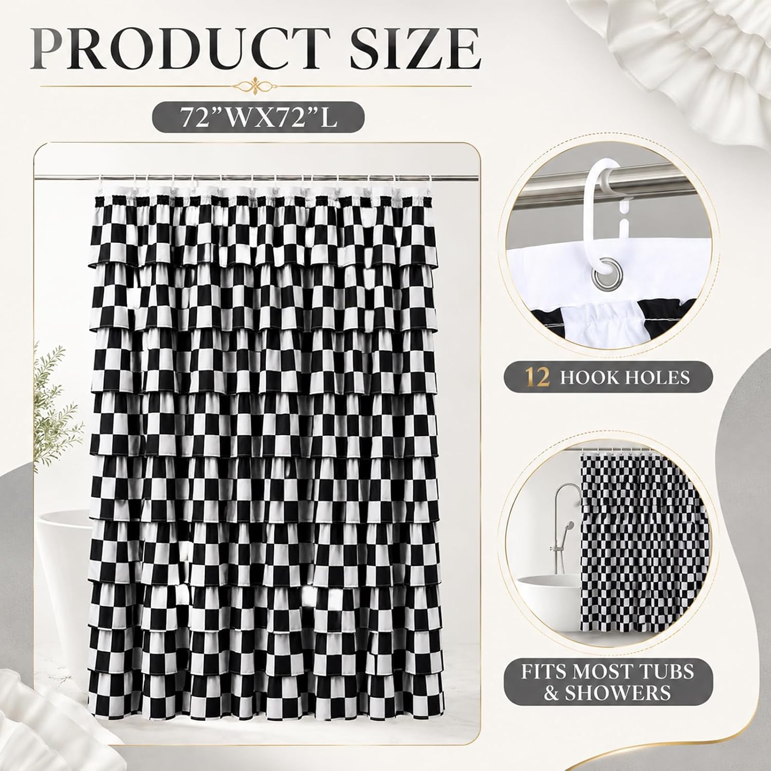 Checkered Ruffle Shower Curtain, Black White Gingham Checkered Water Resistant Fabric, 72x72 Inch for Farmhouse Bathroom Decor