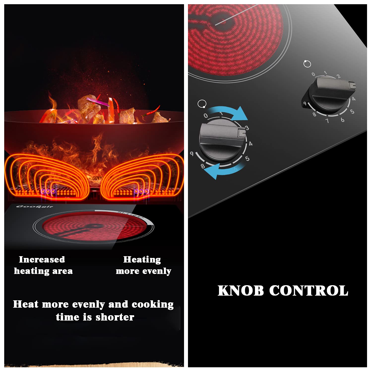 2 Burner Electric Cooktop,3000W Electric Stove Top,Cooktop 220-240V,9 Power Level, Knob Control, Auto Shut Down Protection, Hard Wired, No Plug