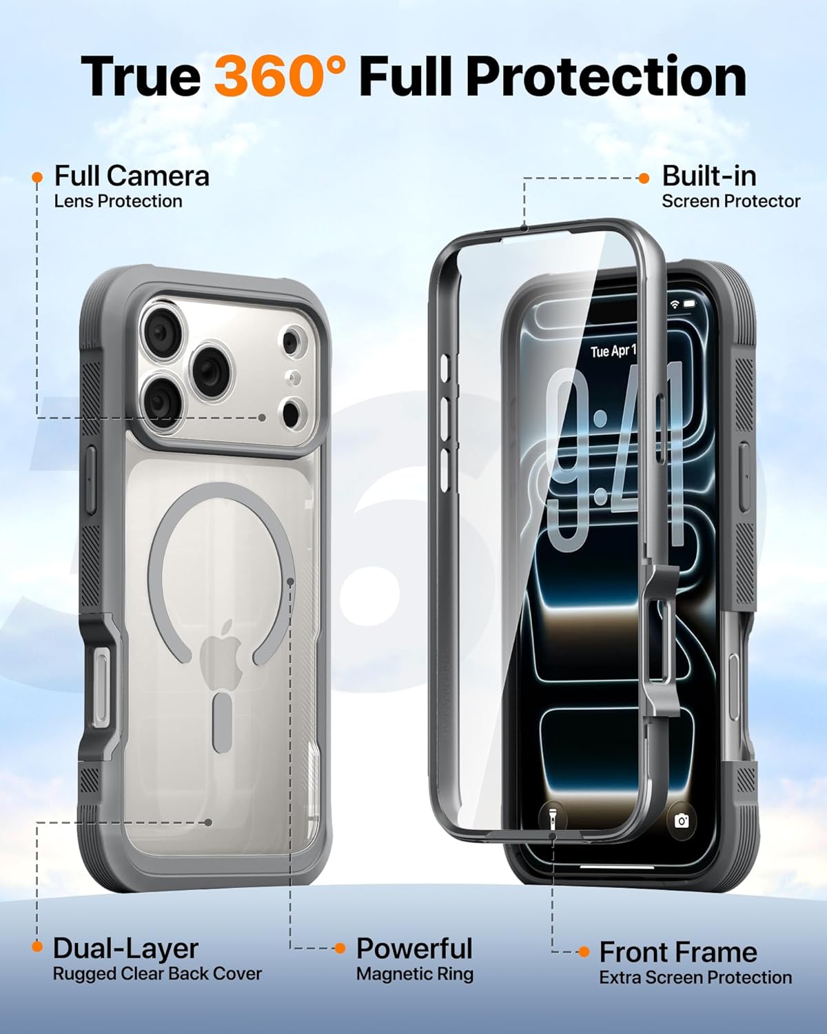 Diaclara Magnetic Designed for iPhone 17 Pro Case Full Body Bumper,[Compatible with MagSafe] Military Drop Proof Cover with Built-in Touch Sensitive Anti-Scratch Screen Protector, Grey Titanium iPhone 17 Pro 6.3'' Magnetic Gray