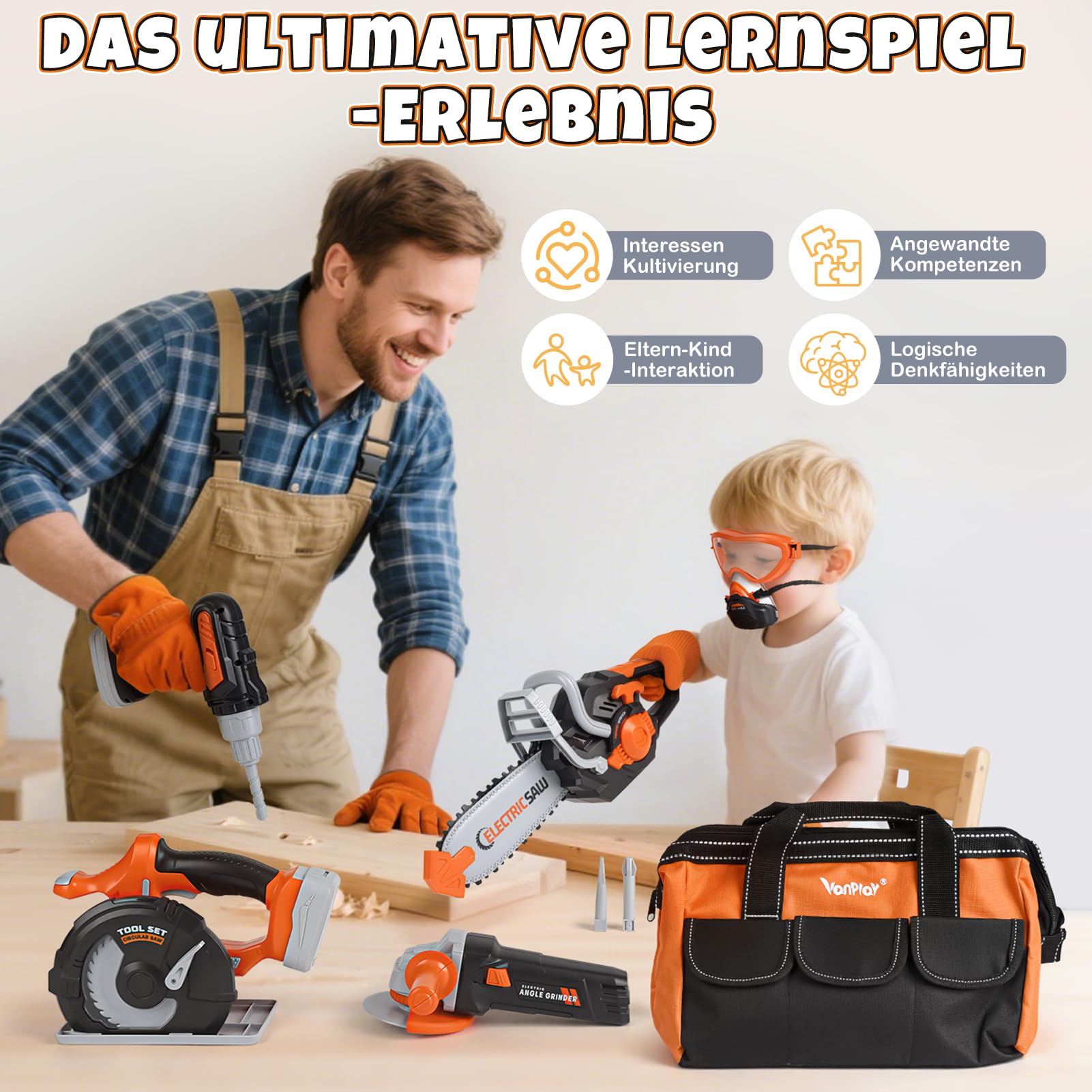 Vanplay Werkzeugkoffer Kinder Luxusmodell, Spielzeug Geschenk Junge Kinder ab 3、4、5 Jahren mit Elektrobohrmaschine Kettensäge Winkelschleifer Kreissäge, Aufbewahrungstasche