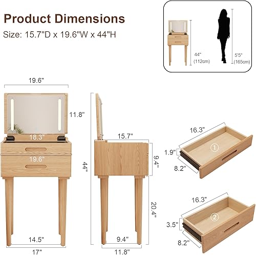 Miniatura 2 de Escritorio pequeño de madera maciza con espejo y luces, tocador de maquillaje estrecho para espacios pequeños, mesa auxiliar de tocador abatible, 3