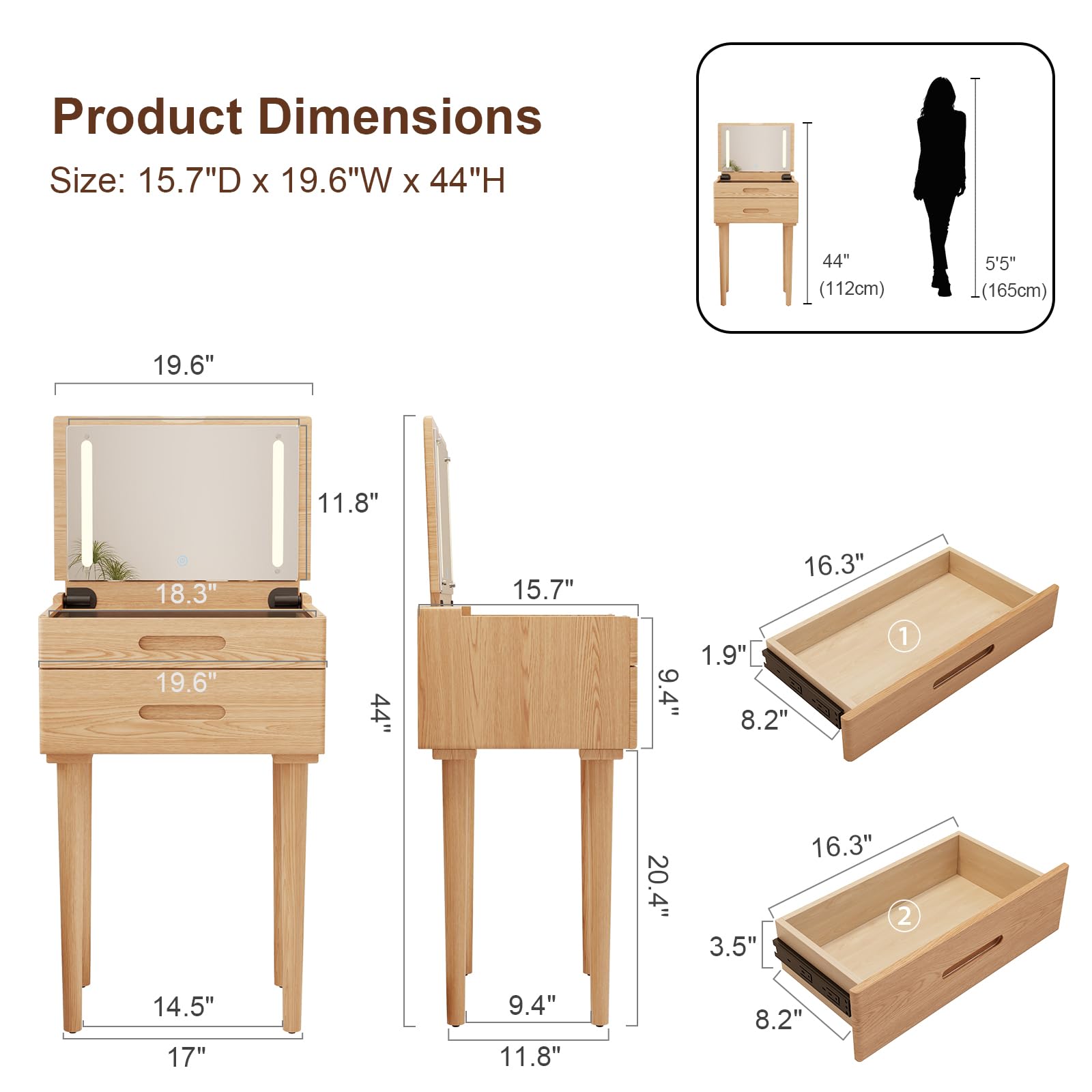 Escritorio pequeño de madera maciza con espejo abatible, luces ajustables de brillo, tocador compacto con parte superior de vidrio y cajones, tocador delgado para espacios pequeños, dormitorio 6