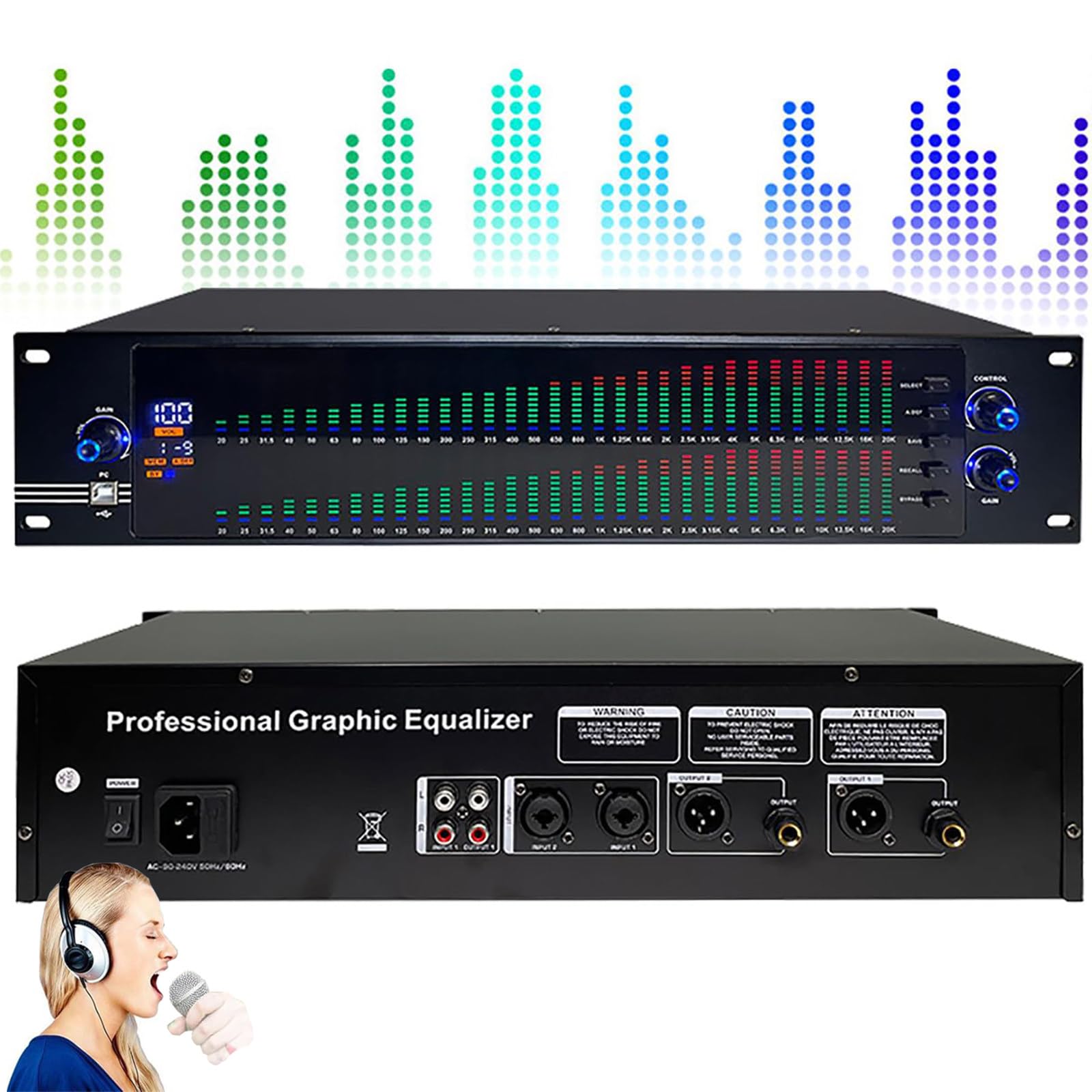 Ecualizador De Computadora Dual De 31 Bandas, 10 Efectos Preestablecidos Personalizados, FuncióN De ReduccióN De Ruido De EcualizacióN Alta/Media/Baja, PresentacióN En El Escenario