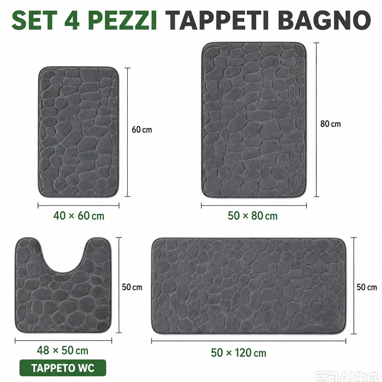 4er Tappeto da Bagno Set, Tappeto da Bagno Antiscivolo in Memory Foam, Assorbente Tappetino e Tappetino per WC - Lavabile in Lavatrice (Grigio Scuro‌)