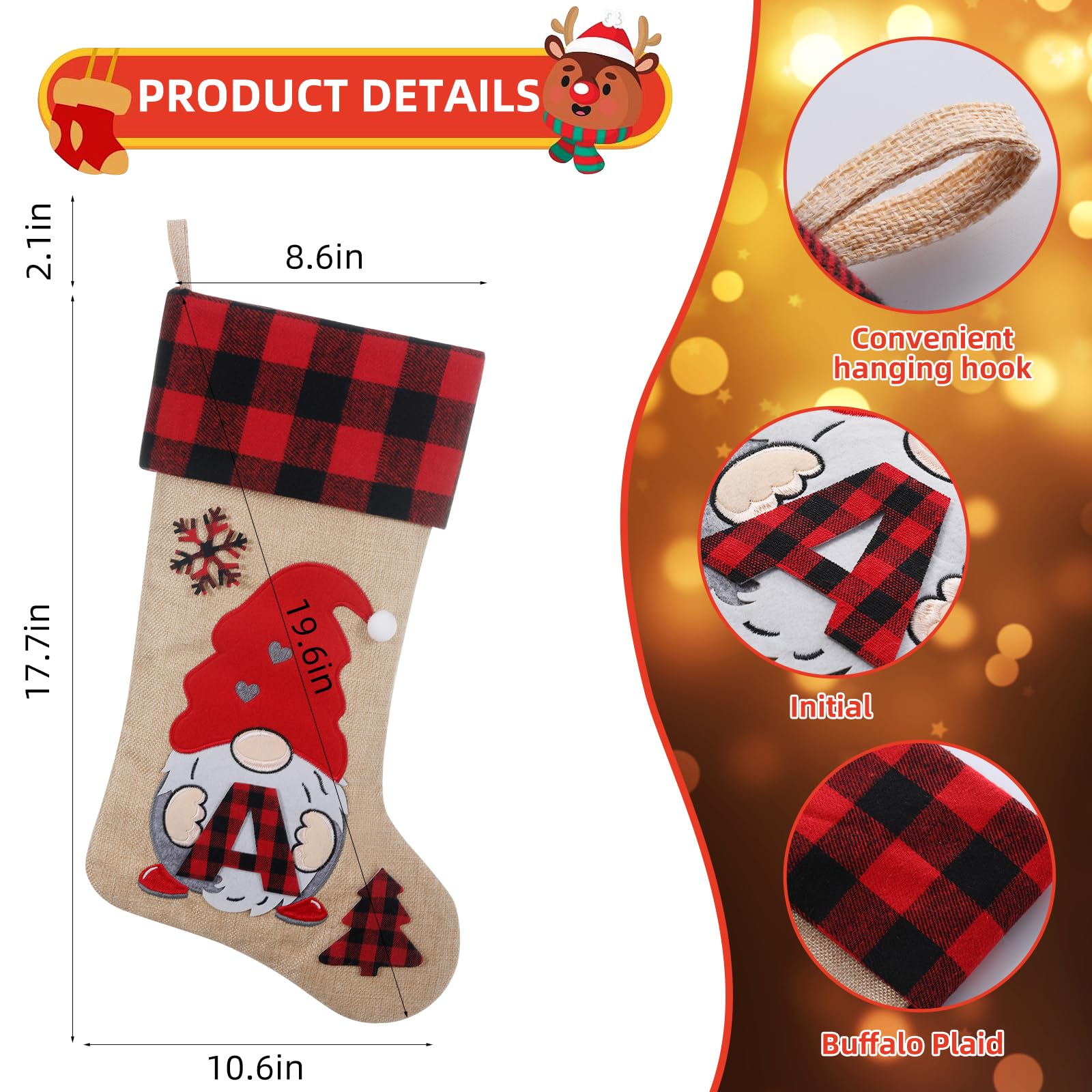 SIRIPHUM 19.5 inch Initial Monogram Christmas Stocking,Personalized Burlap Farmhouse Christmas Stocking, Embroidered Gnome Santa, Holiday Xmas Season Decor(Letter J)