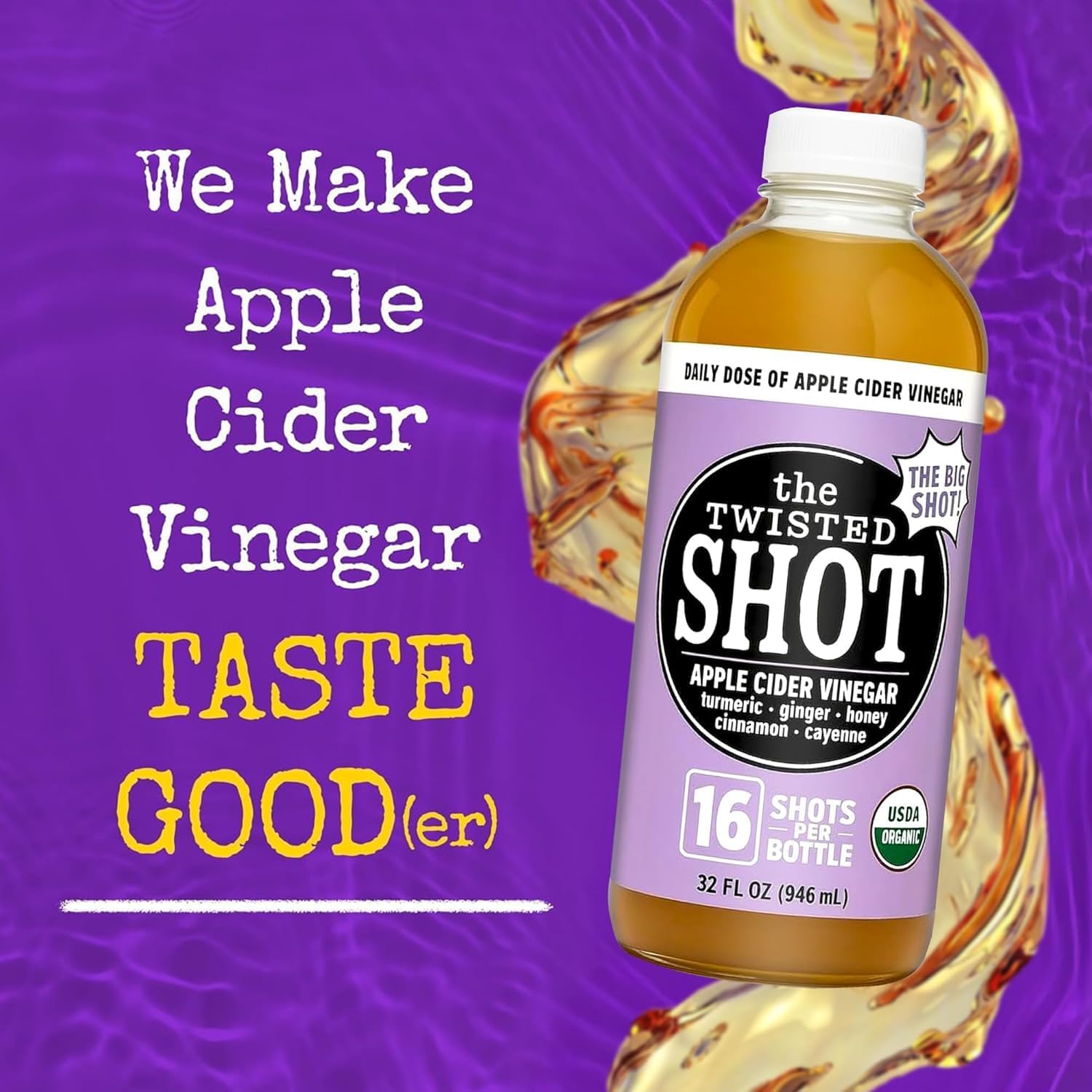 The Twisted Shot – Apple Cider Vinegar Shots with Ginger, Turmeric, Honey, Cinnamon & Cayenne | Drink for Digestion, Immunity & Gut Health | Ready to Drink | 6, 32 oz