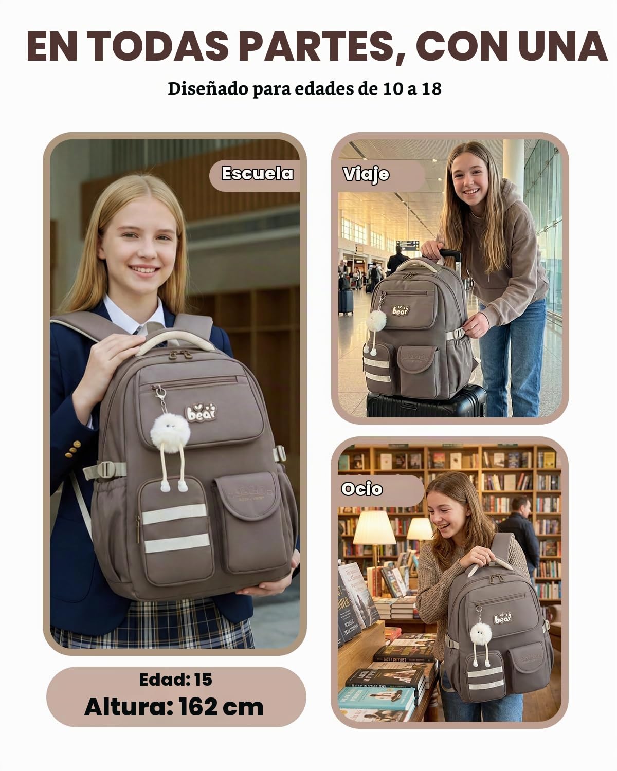 Amythe Mochila Escolar para Niñas Adolescentes, Mochila Colegio Chicas Impermeable Ergónomica, Mochilas Escolares Casual para Portátil 15.6", Apta para Carro, 10-18 Años -Marrón