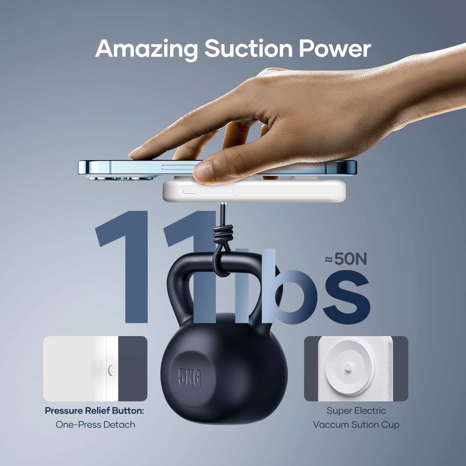 Wireless Portable Charger for Samsung, 5000mAh Ultra Slim Power Bank with Innovative Electric Suction Cup, Compatible with iPhone and Android Cell Phone, Support 22.5W USB-C PD Fast Charging, White