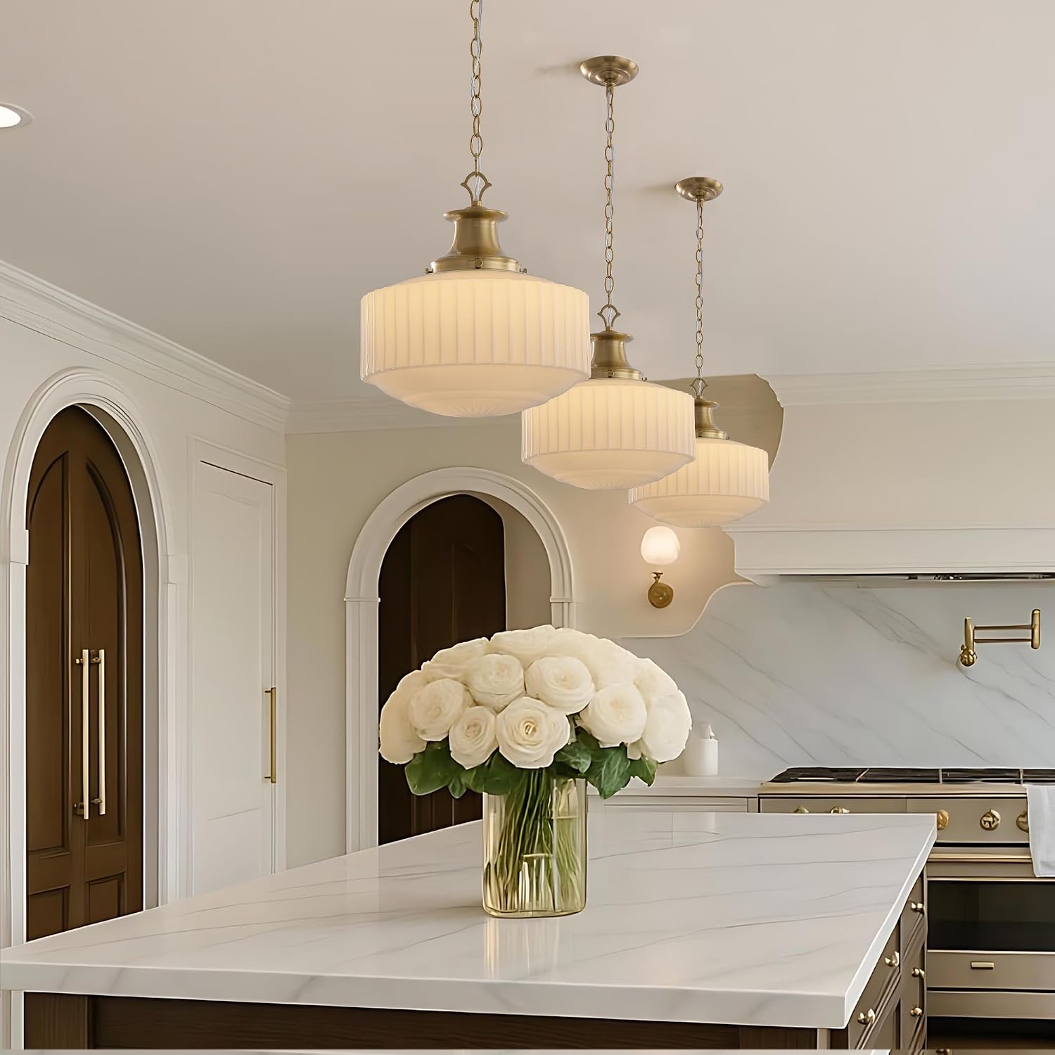 Vintage Milk Glass Pendant Light, 13.8" White Pleated Glass Chandelier, Antique Kitchen Ceiling Light Fixtures, for Dining Room, Hallway, Bedroom, Foyer, Living Room, E26 Bulb Included