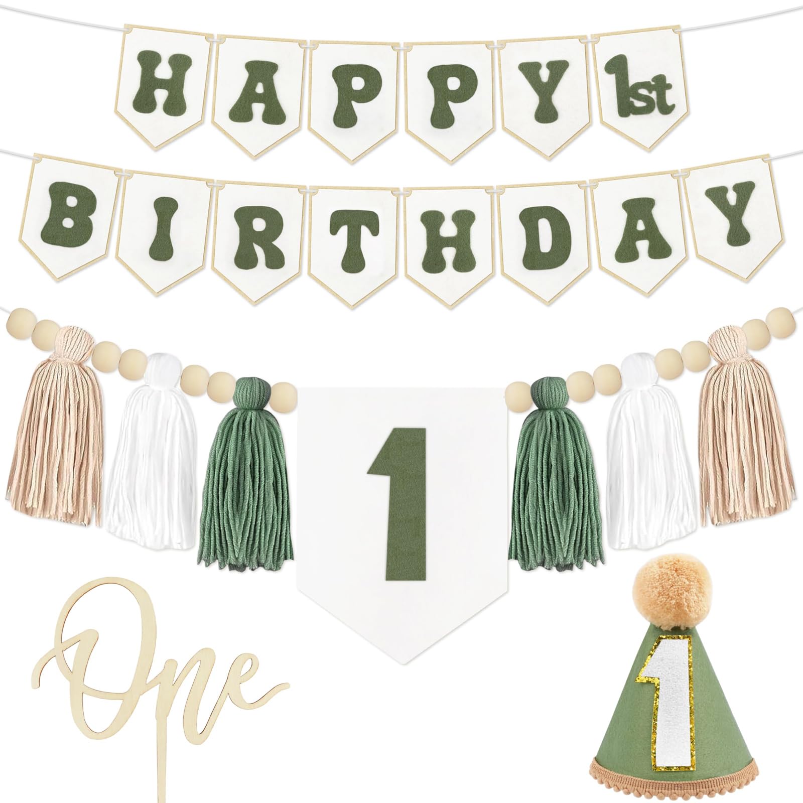 1st Birthday Decorations for Baby Boy Girl, Moss Green First Birthday Becorations for Boy with Banner, One High Chair Banner, Hat and Wood Cake Topper for One Year Old Party Decor — image 1