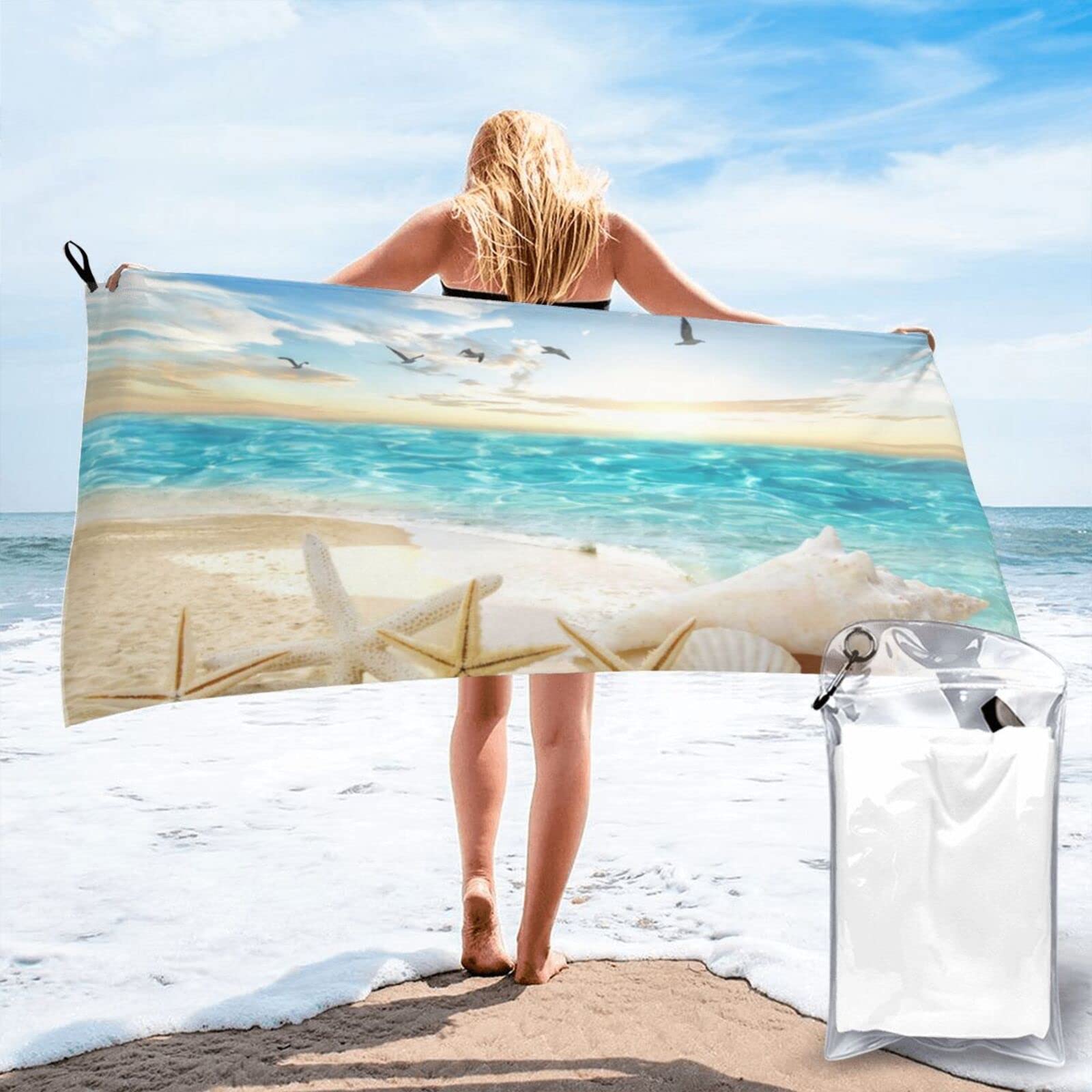 Lawenp Beach with Starfish Microfiber Beach Towel Adults Large Quick Drying Bath Towel Travel Towels with Pouch 31.5"x63"