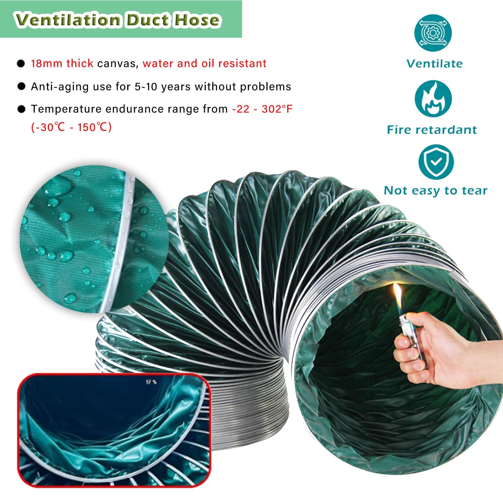 Manguera Flexible Aislante de Alta Temperatura, ventilación ignífuga para talleres mecánicos y secadoras, Kit de ventilación para baño de 8 m/25 pies, 300 mm (11 3/4")