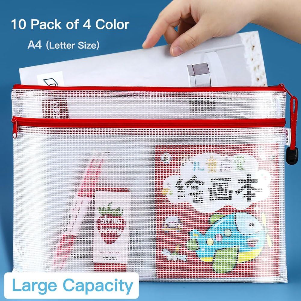 Borse con zip a rete 10 pezzi set di sacchetti con cerniera a doppio strato in rete for giocattoli, kit for blocchi di costruzione puzzle, sacchetti con cerniera A4 for l'organizzazione