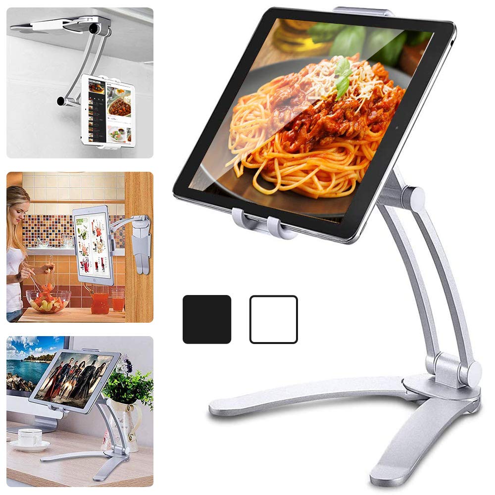 JHuuu Kitchen Tablet Stand Wall Mount Adjustable, Stand 2-in-1 Kitchen Wall/Tabletop Desktop Mount Recipe Holder Stand for 4-11 Inch iPad Air Mini, iPhone Xs Max XR X 6 7 8 Plus More Tablets (White)