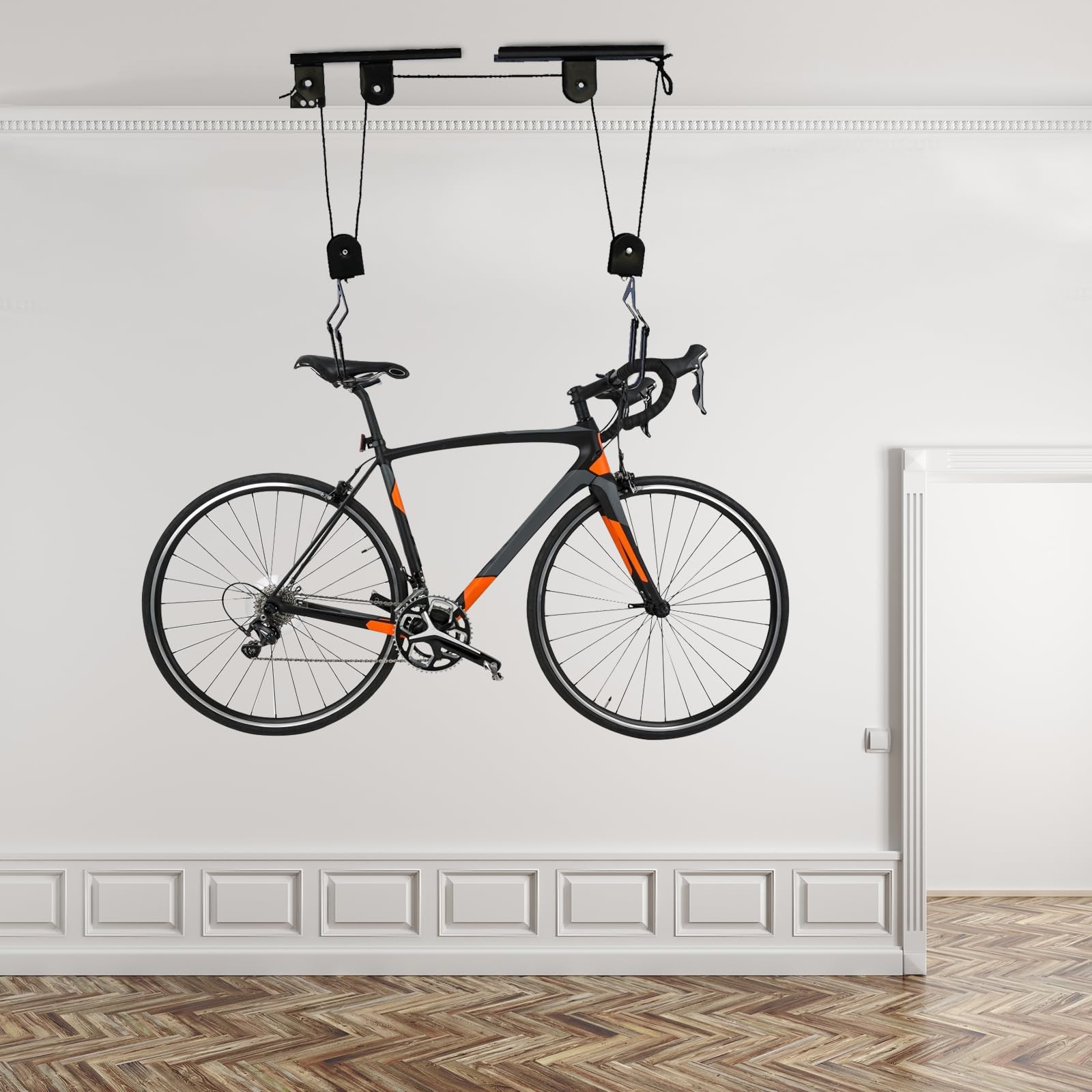 Elevador de bicicletas con polea para bicicleta,soporte de techo para bicicletas eléctricas de hasta 60 kg,juego de 2 unidades para colgar en el techo,montaje en techo,color negro
