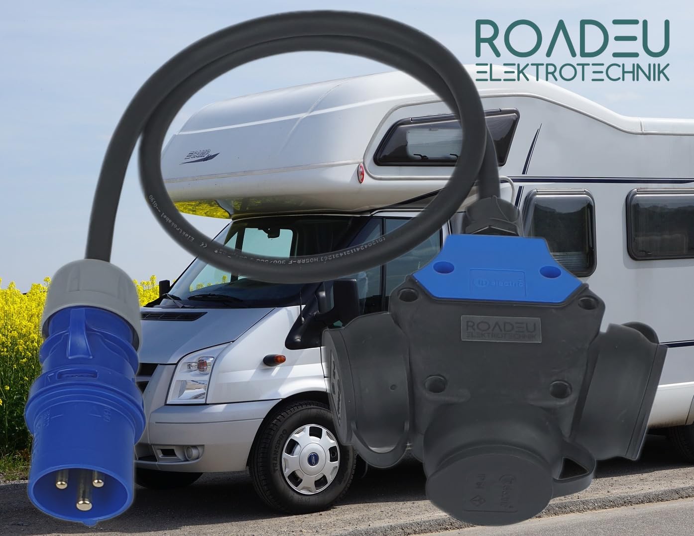RoadEu – Adaptateur CEE 16 A 3 pôles vers 3 Prises Schuko – Boîtier de Distribution IP44 avec câble de 0,5 m 3x2,5 mm² – Distributeur électrique pour Camping et Chantiers