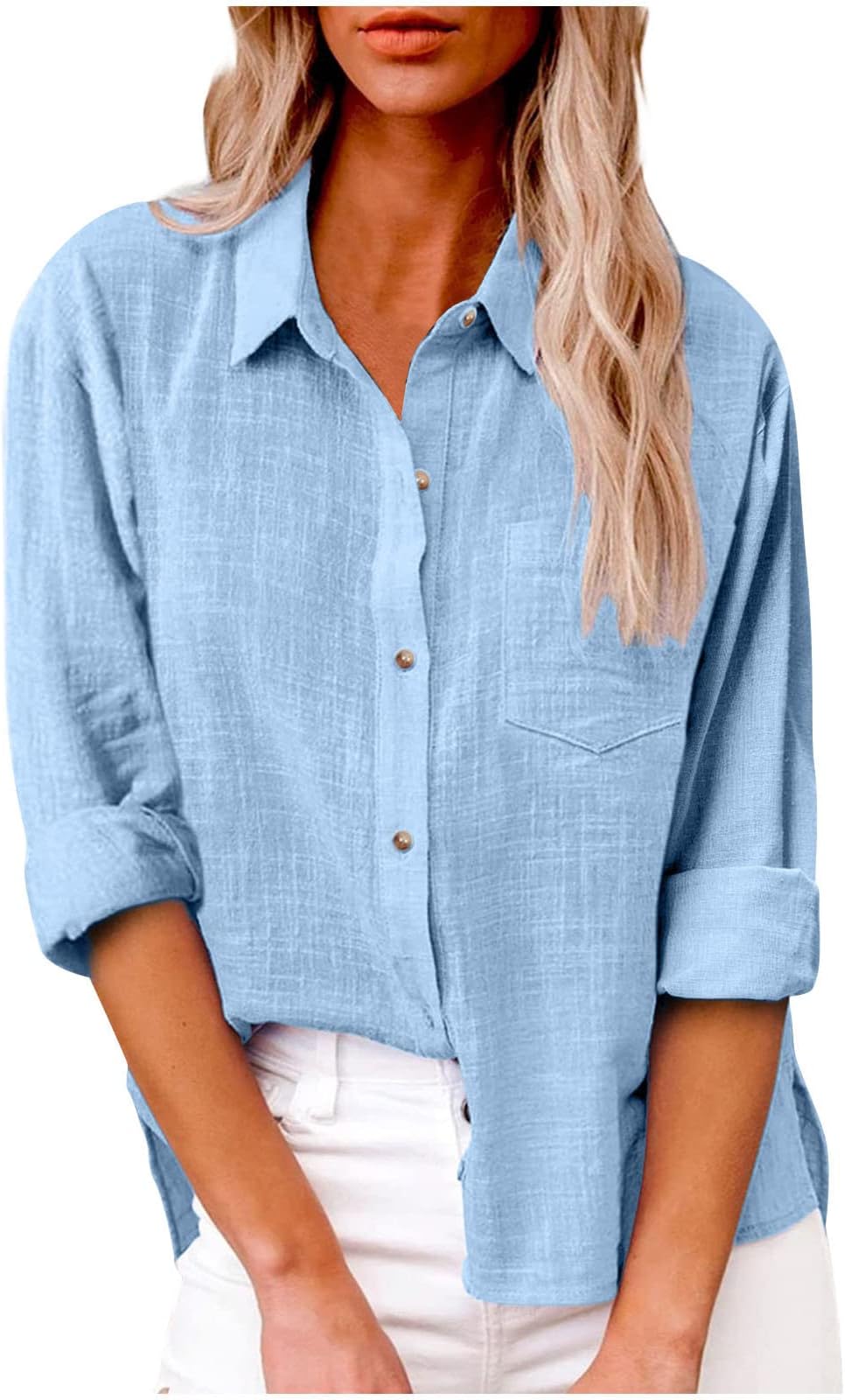 Womens Blouse Shirt Long Sleeve Cotton Linen Tops Business Office Casual Tunic Tops Button Down Shirts Oversized Plain Blouse for Work Loose Fit Dressy Plus Size Tee Shirts