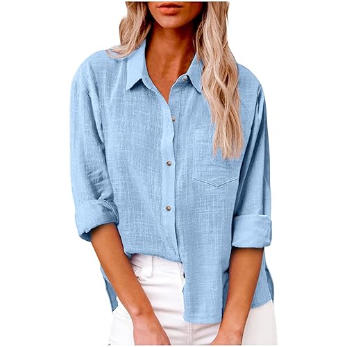 2024 Cotton Linen Button Down Shirts Women's Fall Fashion Long Sleeve Blouse Casual Loose Collared Work Tunic Tops