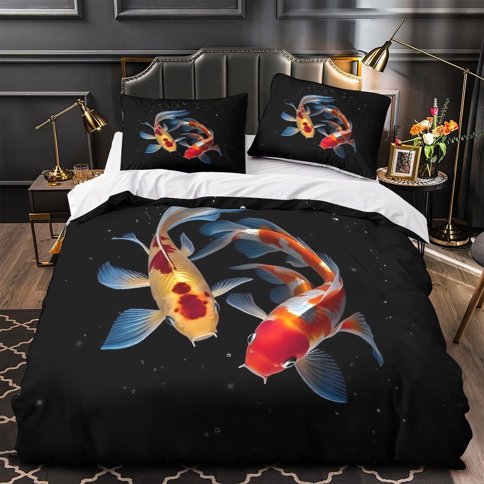Housse de couette 3D poissons koi 200x200cm avec parure de lit en microfibre légère