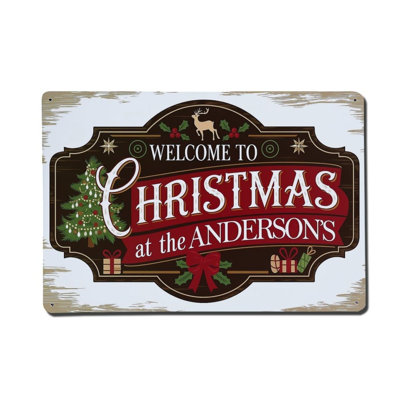 Christmas Tree Reindeer Gift Bow Metal Tin Sign Plaque
