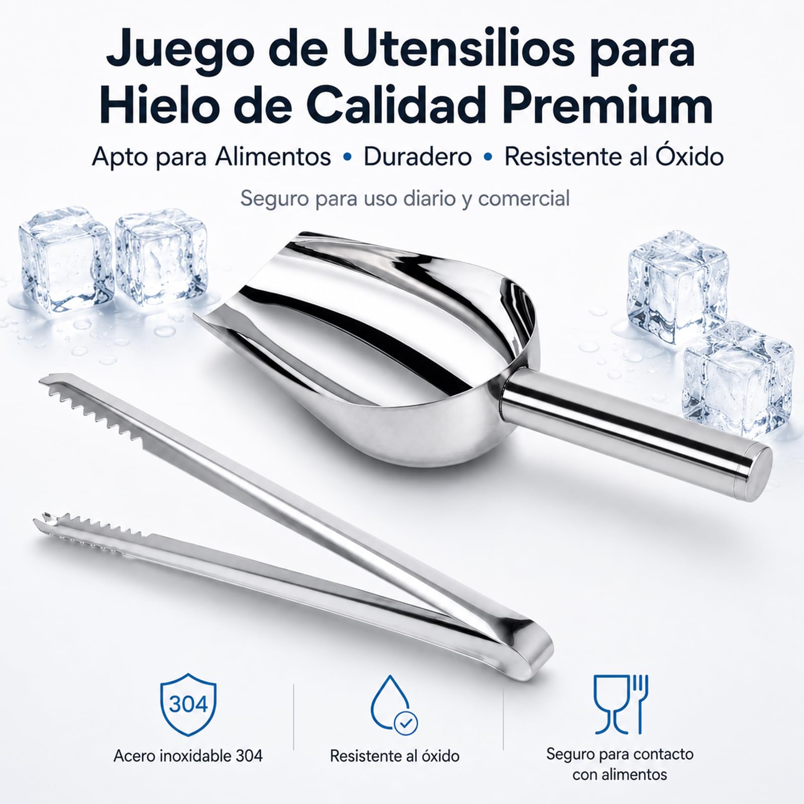 Cuchara Hielo Acero Inoxidable & Pinza de Hielo Acero Inoxidable Siumir 25 cm Pinza de Candy Pala Hielo per Alimenti para Barra, Barbacoa, Fiesta, Boda