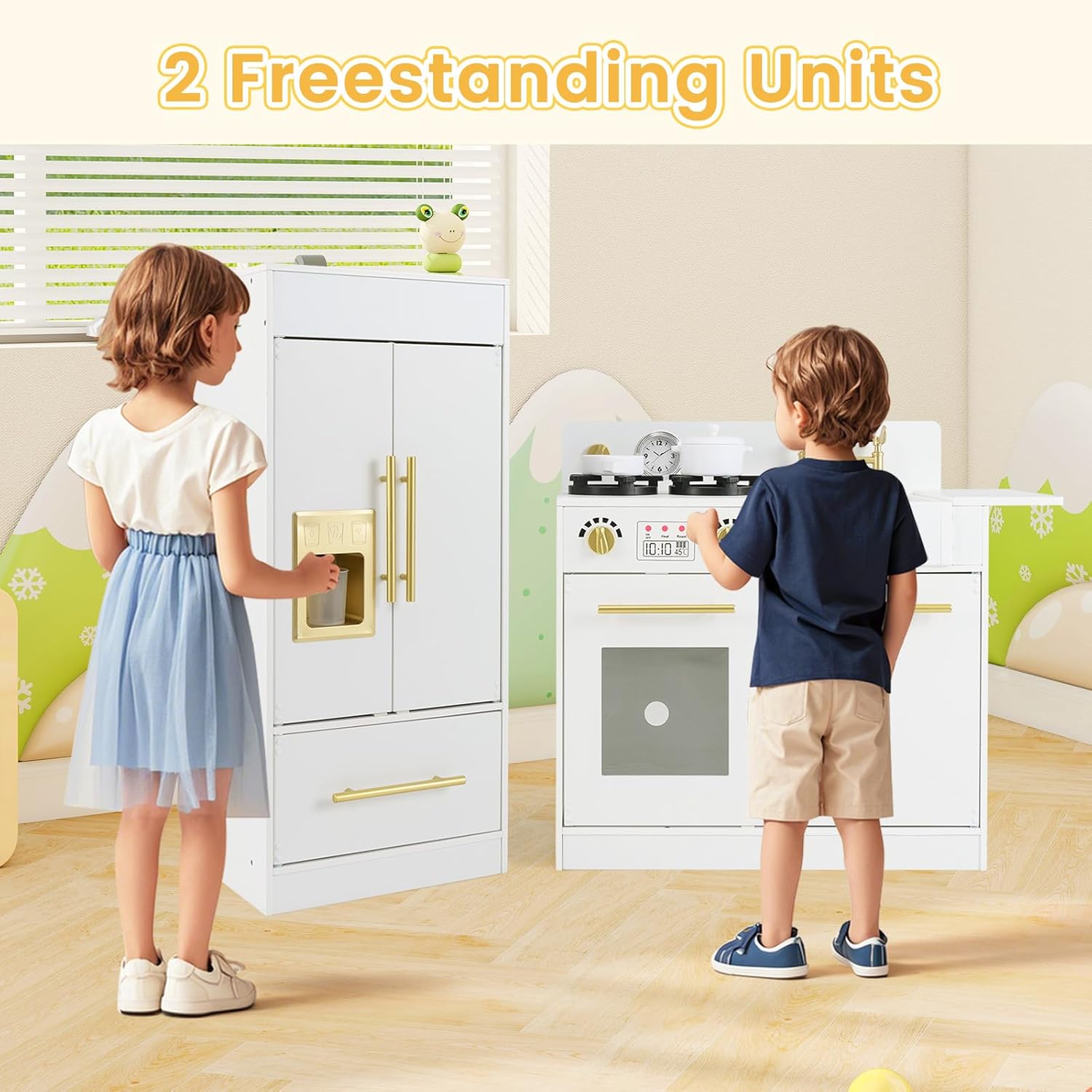 INFANS Play Kitchen Set, Kids Children Pretend Toy Kitchen 2-Piece Playset with Refrigerator, Oven, Microwave, Ice Maker, Sink with Faucet, Kitchenware Accessories for Girls Boys Ages 3+