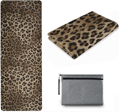 Naanle Juego de esterilla de yoga de leopardo con bolsa de transporte, tapete de ejercicio plegable antideslizante para viajes, ligero, tapete de