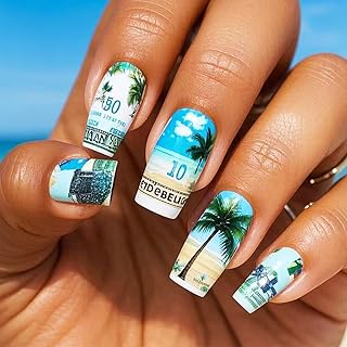 Sea Acrylic Fake Nail Cloud Press on Nails 24Pcs Summer Beach Stick on Fingernails Glossy White French Tips Medium Square False Nails Blue Sky Gel Glue on Nail for Coquette Women Girls