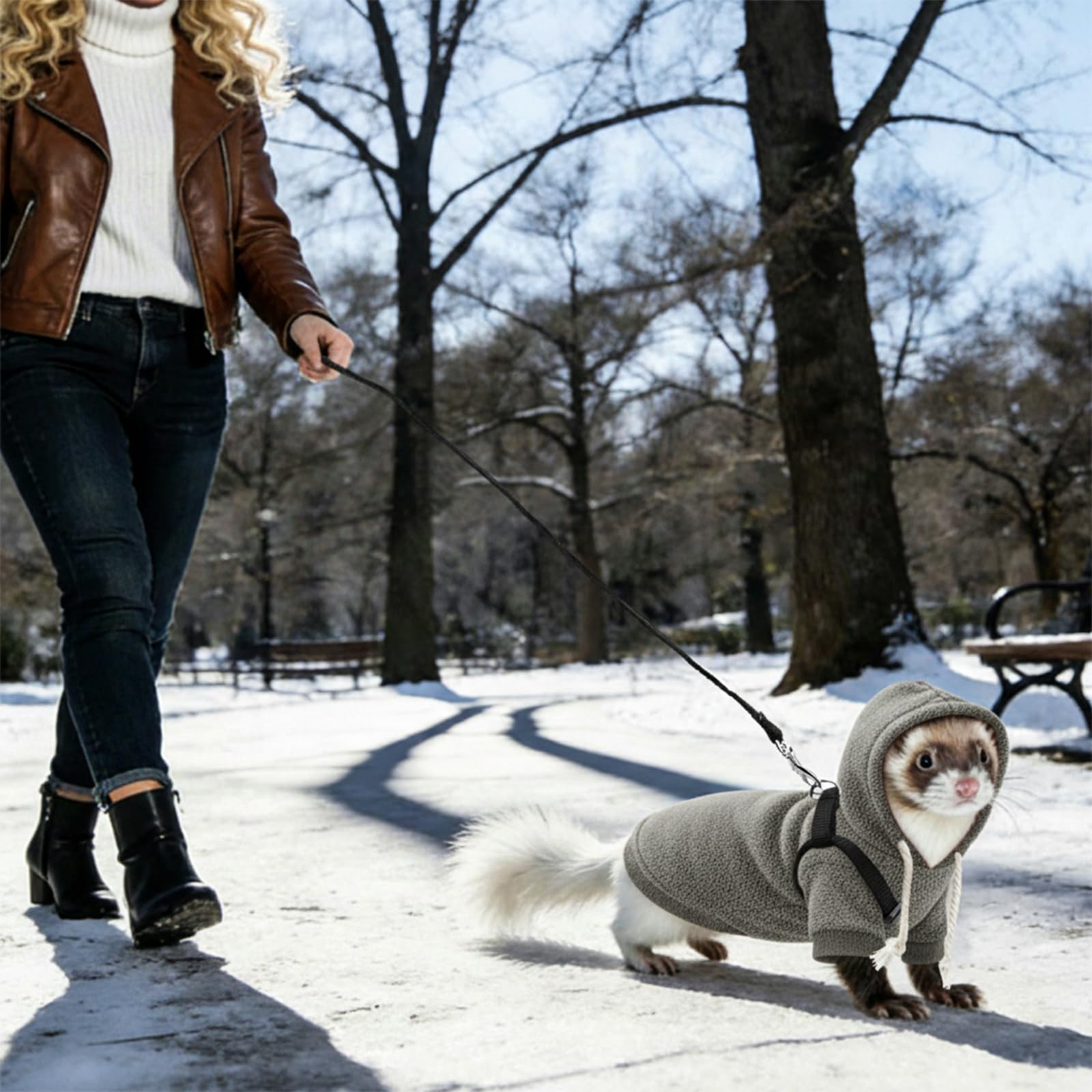 Ensemble vêtements et laisse pour furet, pull à capuche chaud avec harnais et laisse pour la promenade en plein air, vêtement confortable pour furets, chinchillas, petits animaux de compagnie, tenue