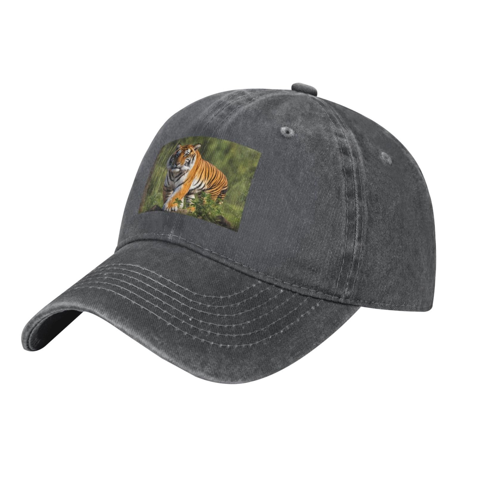 WHJSSF Black Washed Denim Baseball Cap Bengal Tiger Pattern Adjustable Cotton Hat for Men & Women
