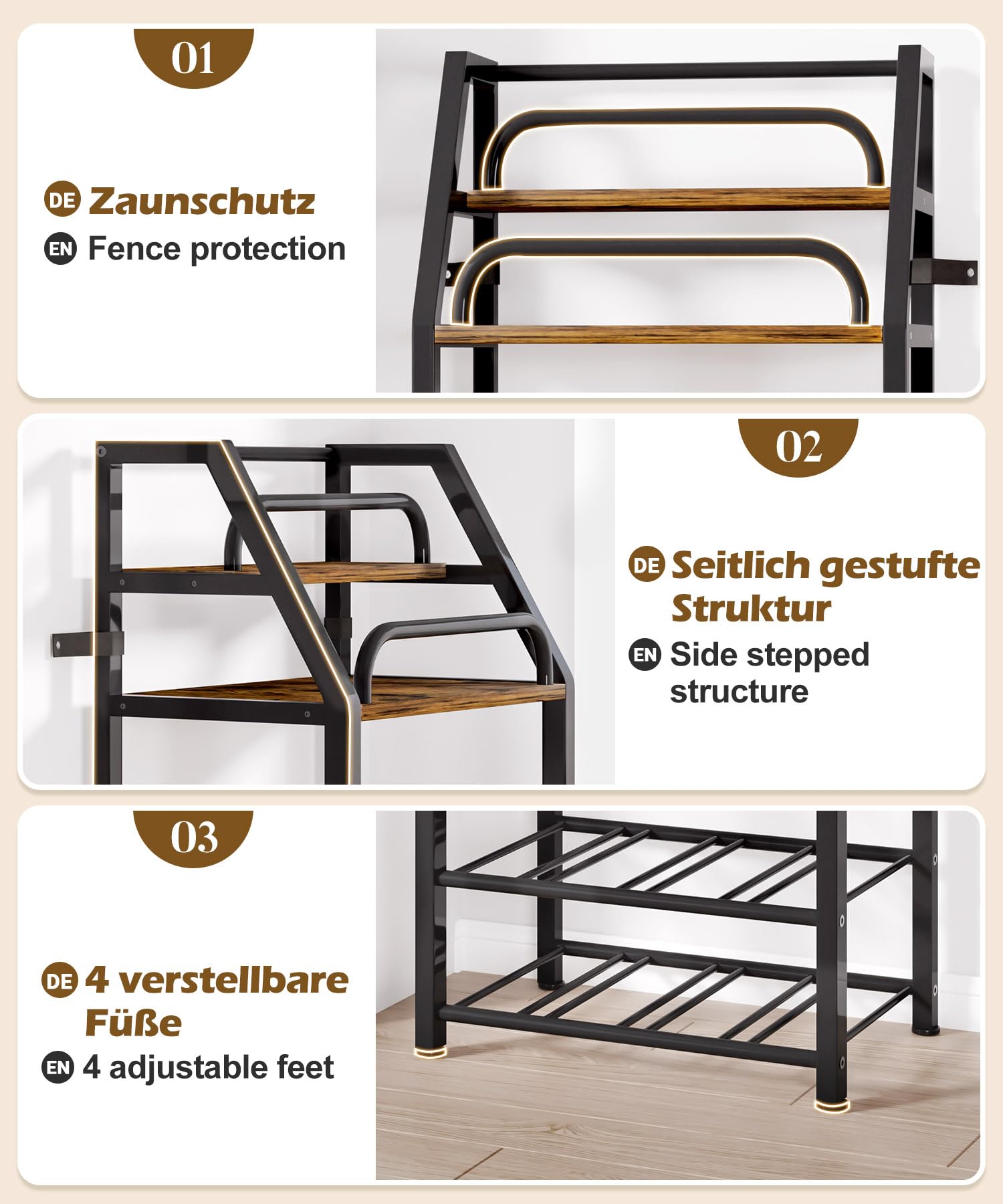 Yorbay Freistehendes Weinregal mit Erweiterte Regale: 3-Stöckiges Flaschenregal für 12 Flaschen - Metall-Holz Weinflaschenhalter mit Geländer und Lagerbereich für Bar Küche Esszimmer
