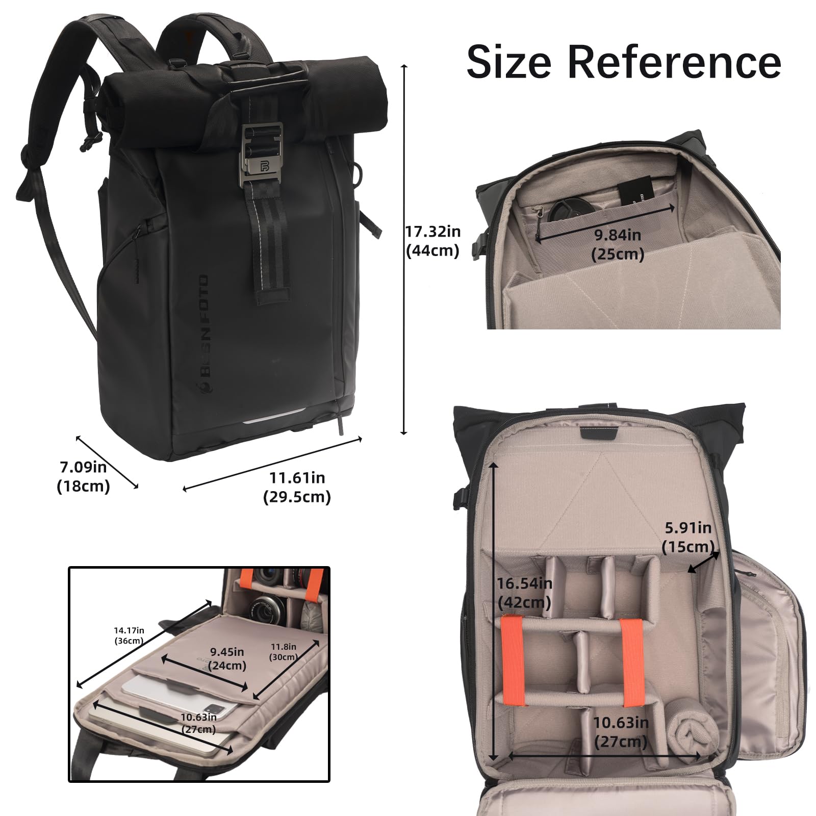 Besnfoto Zaino per fotocamera impermeabile, borsa per fotografia Roll Top per fotocamera DSLR SLR Mirrorless con scomparto per laptop, Nero II, Large, Borsa per fotocamera portatile