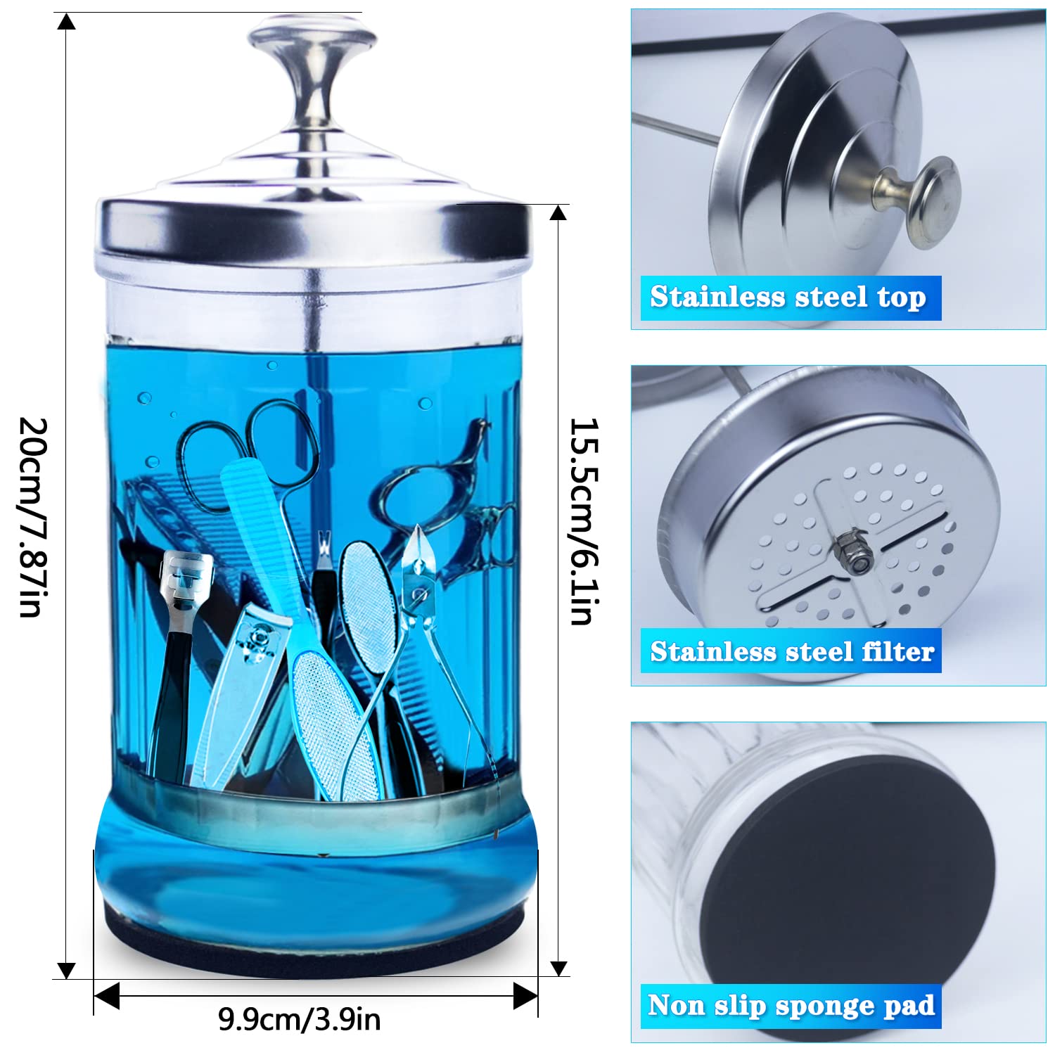 Słoik do dezynfekcji, 940 ml, słoik do dezynfekcji manicure, mały szklany słoik do dezynfekcji artykułów fryzjerskich, słoik do dezynfekcji manicure, ze zdejmowanym koszem na narzędzia do