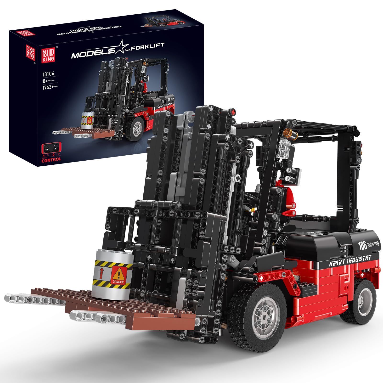 Mould King 13106 - Carrello elevatore radiocomandato a distanza, 1743 pezzi, 2,4 GHz, modello RC, carrello elevatore con motore, giocattolo da costruzione dettagliato, regalo per adulti