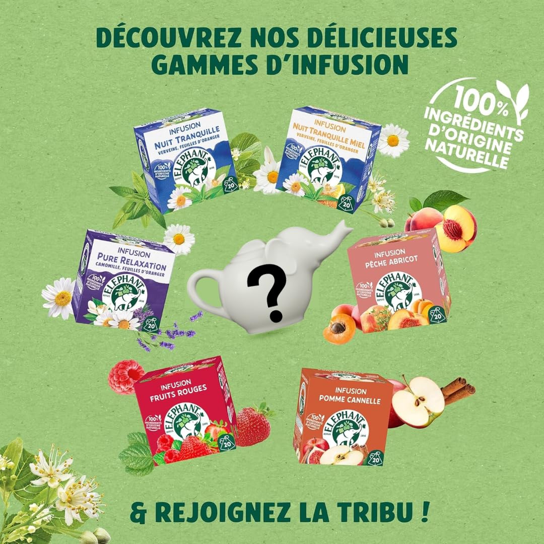 Éléphant - Routine Bien-être & Fruités + 1 théière Eléphant Mystère offerte | Infusions 120 Sachets Pyramid® | 100% d'ingrédients d'origine naturelle | Lot de 6 x 20 sachets
